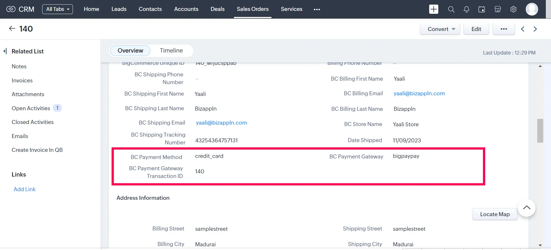View Payment and Shipment info from BigCommerce in CRM
