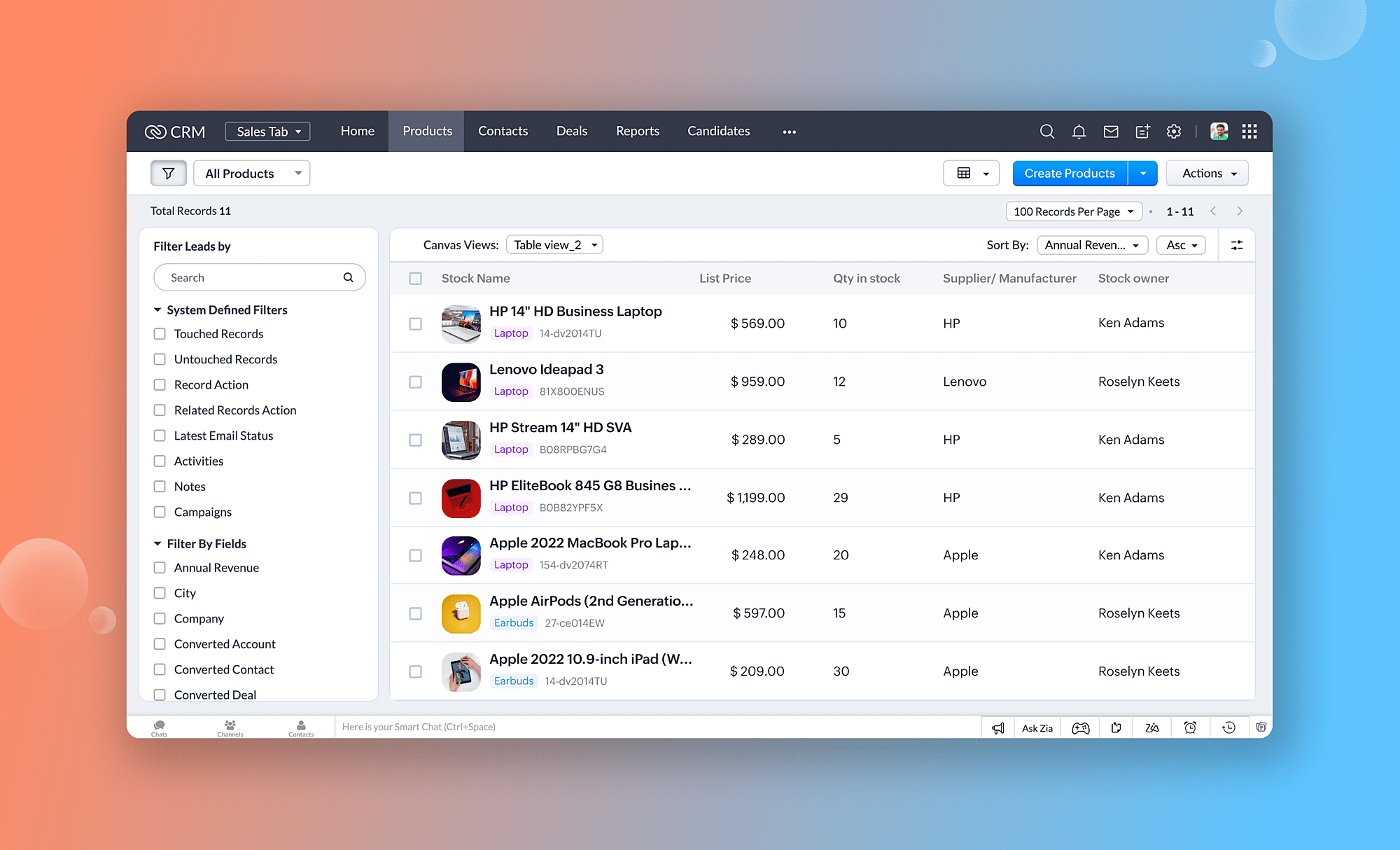 Zoho Canvas Table View