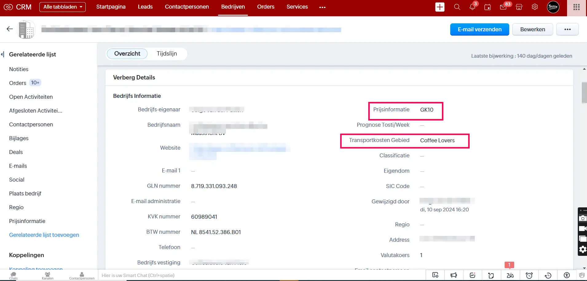 Accounts detail page with pricelist and transport cost