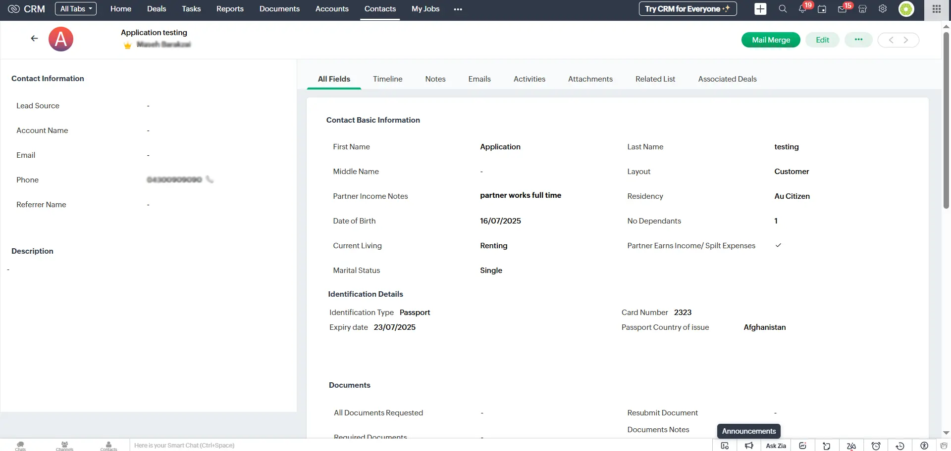 Applicant loan details stored in Contacts Module in Zoho CRM