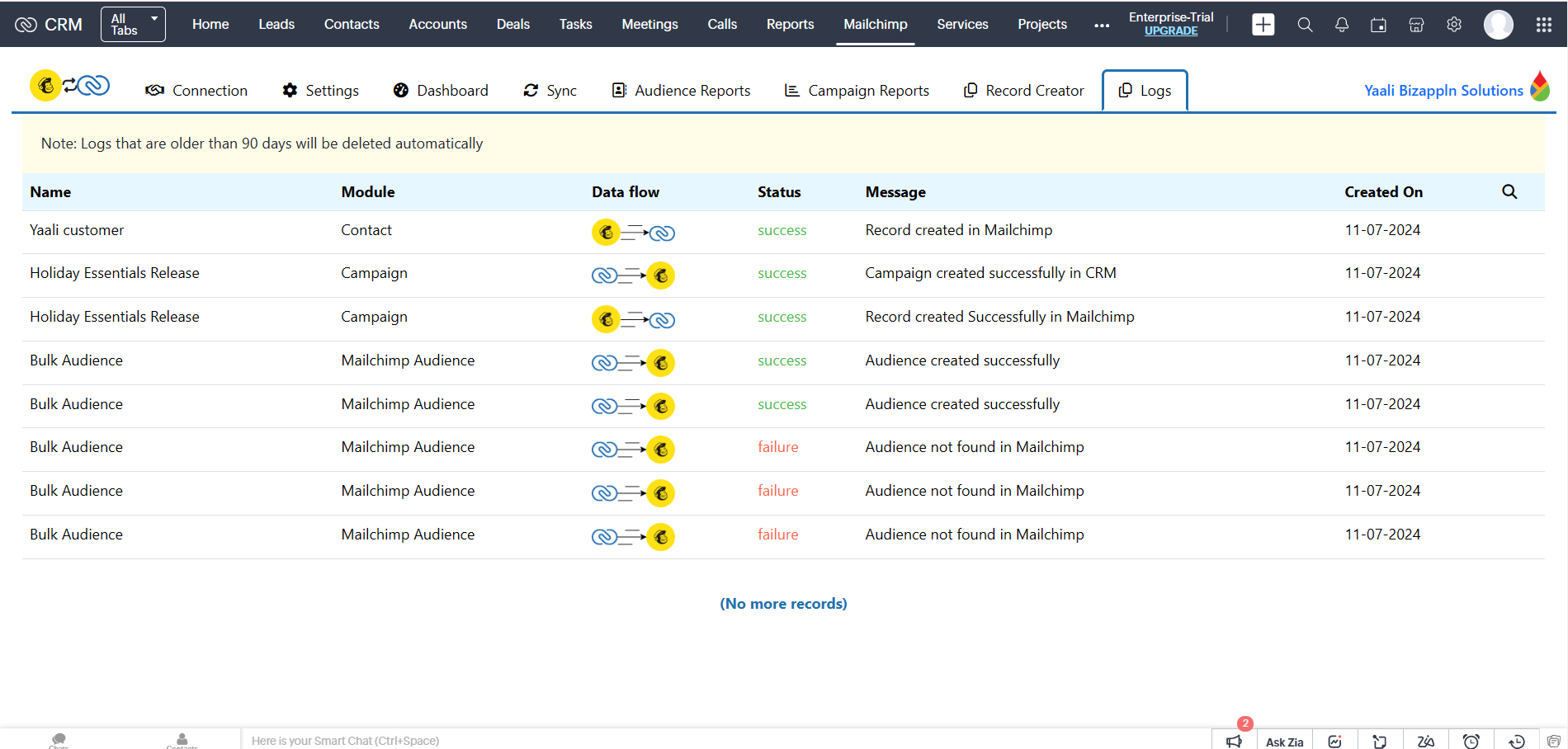 Audit logs in Mailchimp extension for Zoho CRM