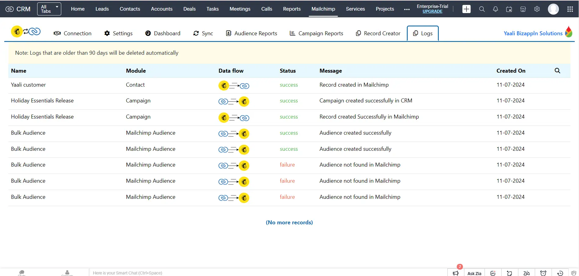 Audit logs in Mailchimp extension for Zoho CRM