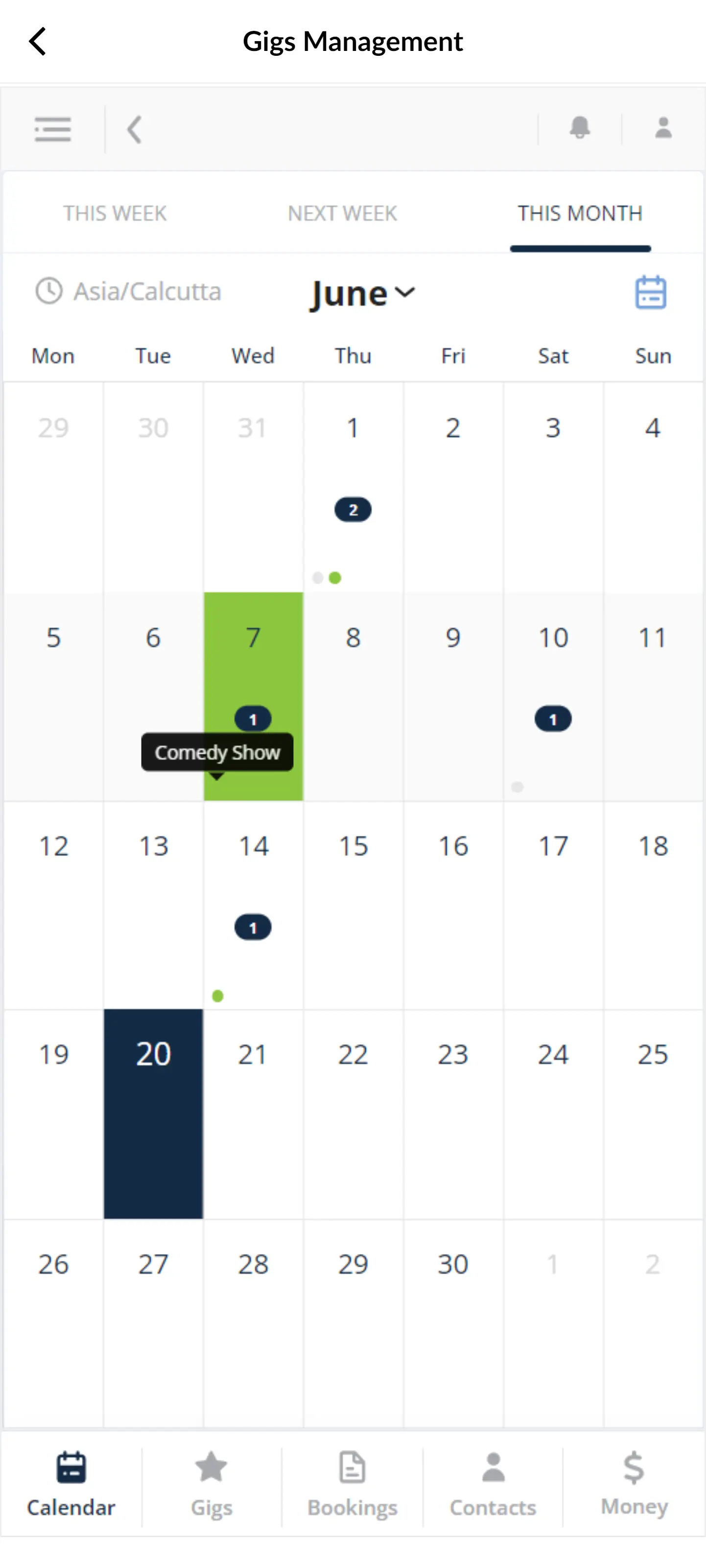 Calendar month view for gig bookings zoho creator app
