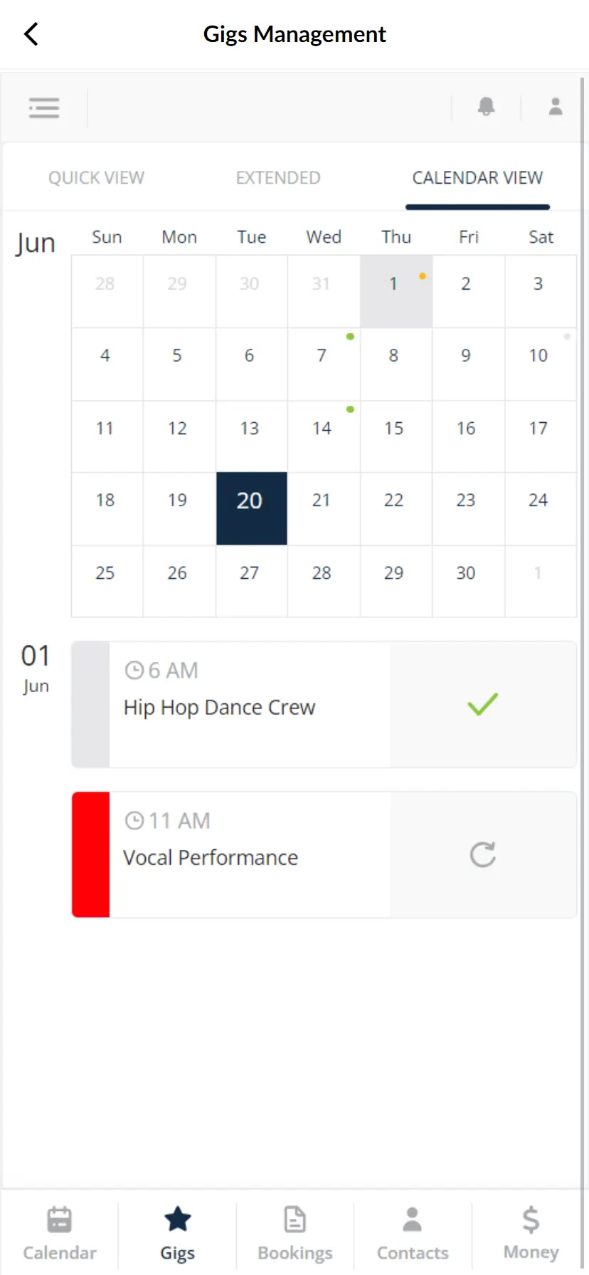 Calendar view in Gig Booking App Zoho Creator