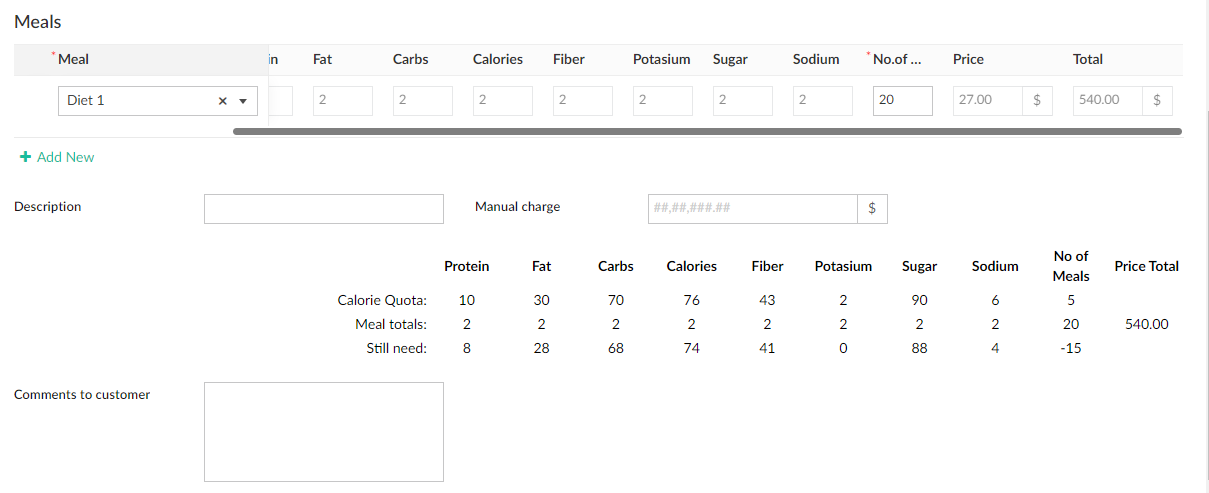 Calorie tracking for customer meal in Fitness Management App Zoho