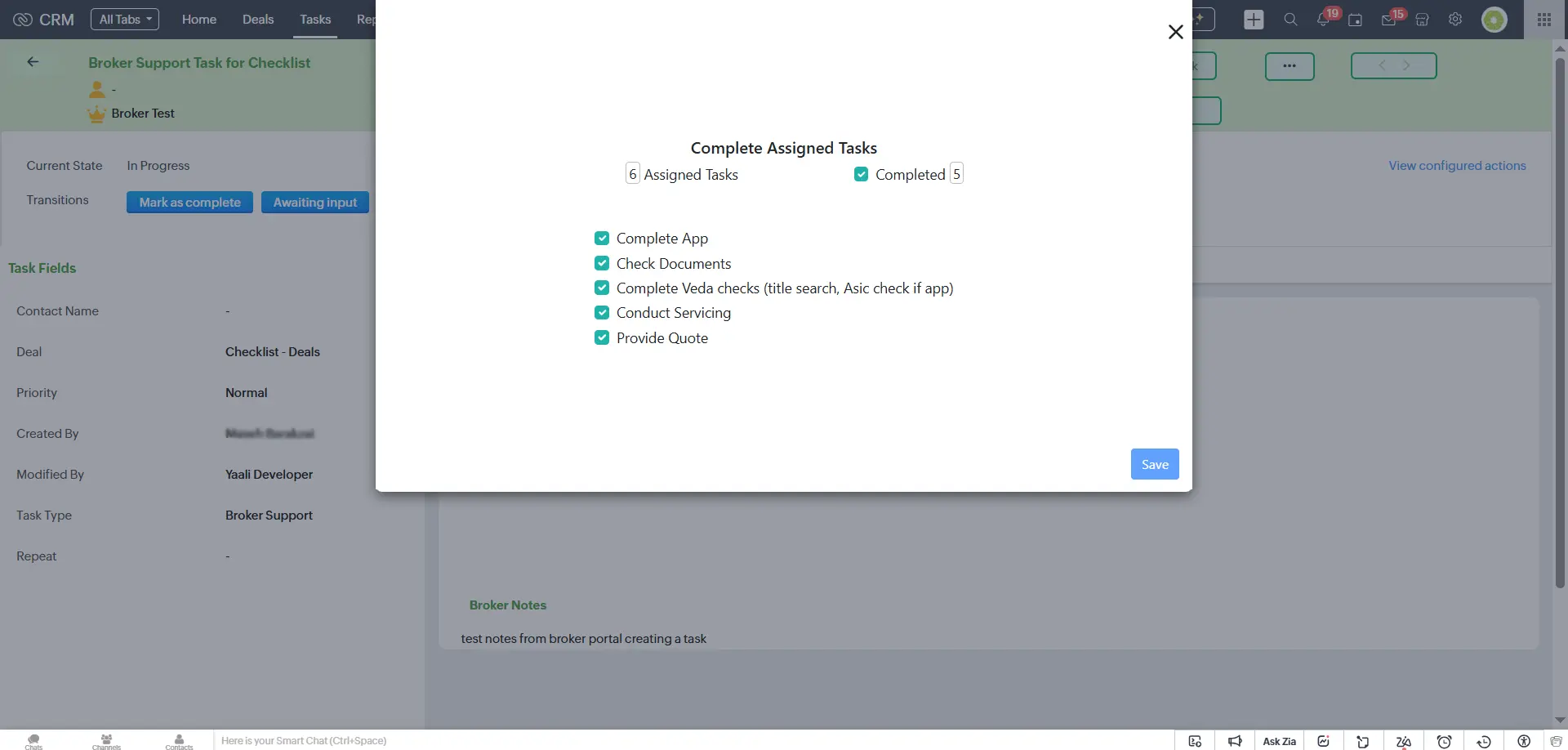 Canvas view tasks complete checlist widget in Zoho CRM