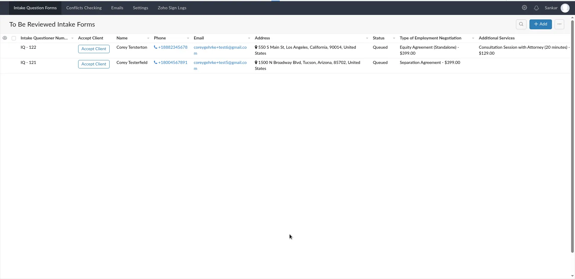 Client Intake Status tracked in Zoho Creator or employment law firm
