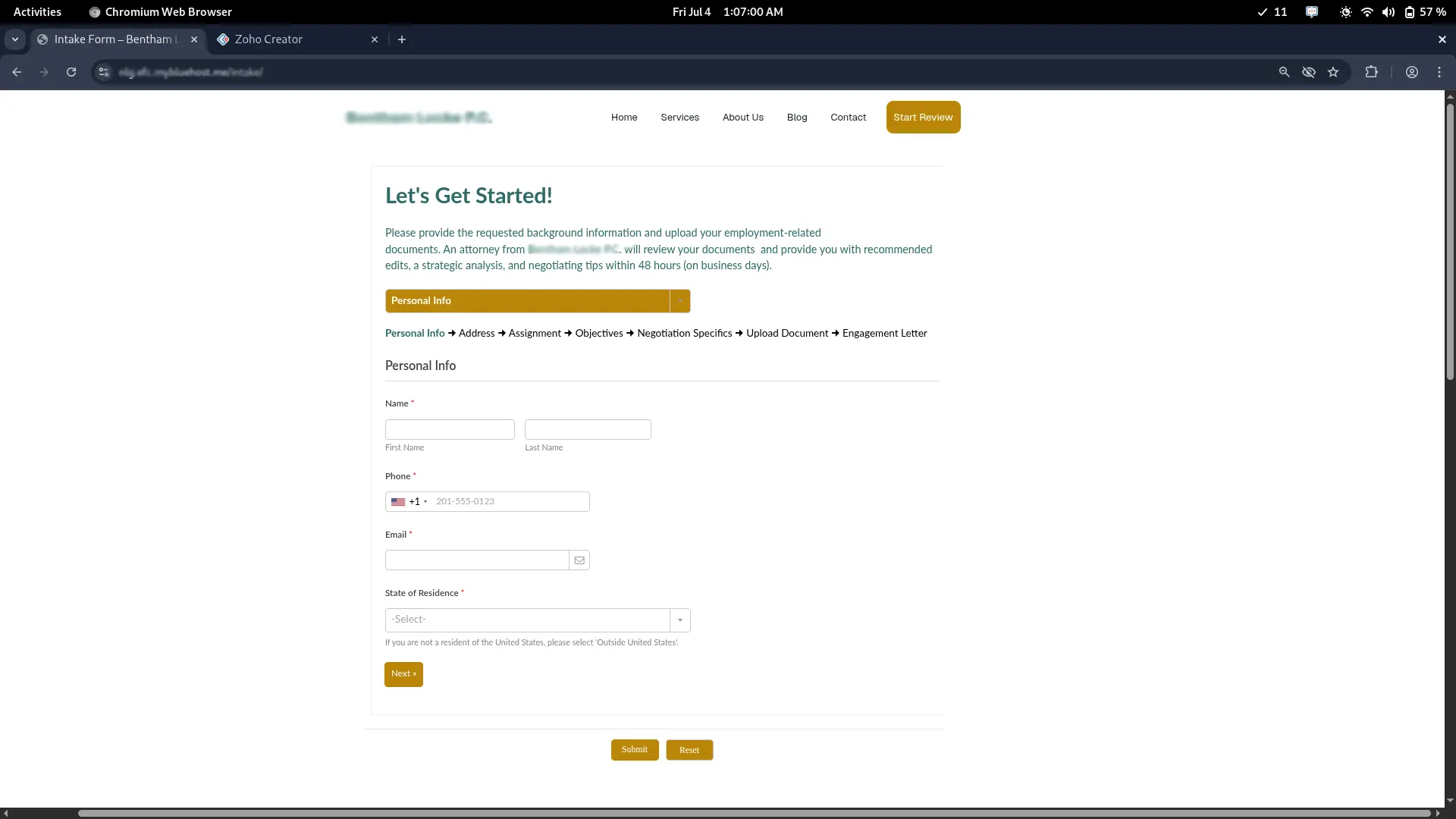 Client Intake form embedded in employment law firm website