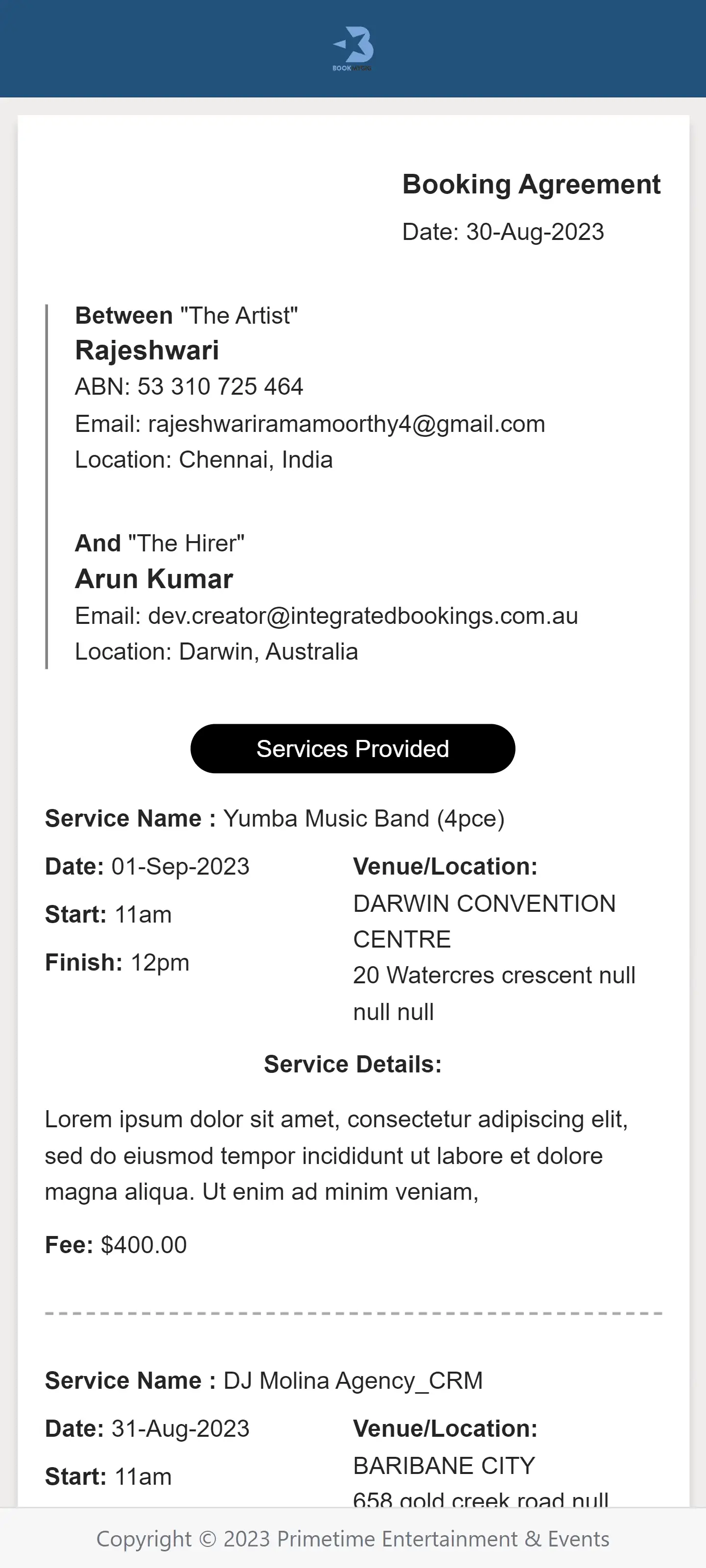 Contract Signed document viewed from Gig Booking App