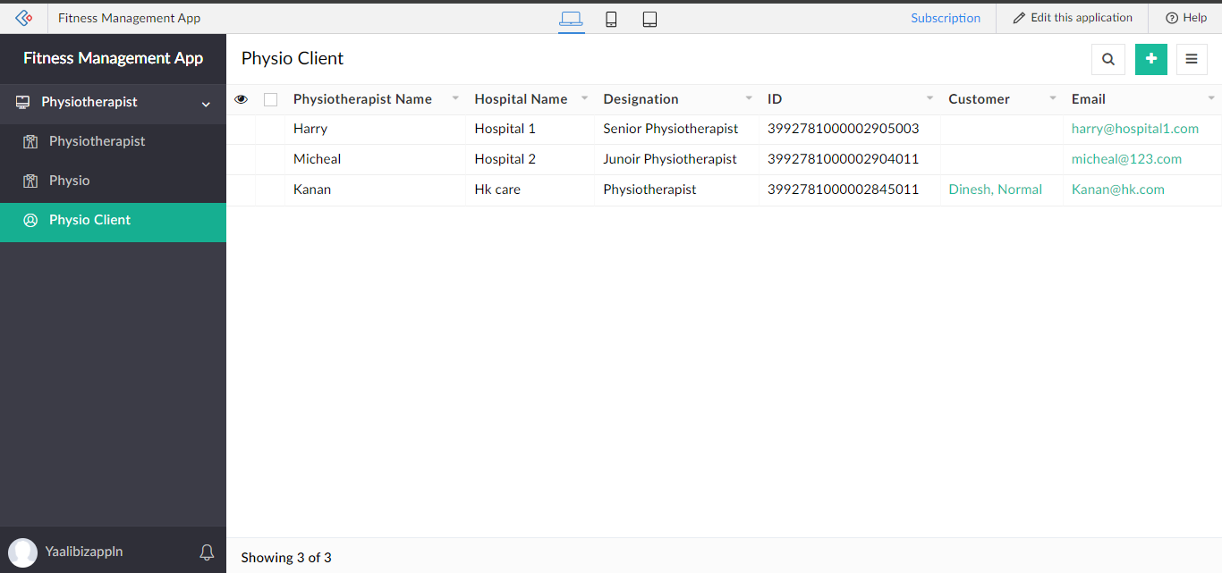 Custom Portal for Pysiotherapist in Fitness Management App Zoho