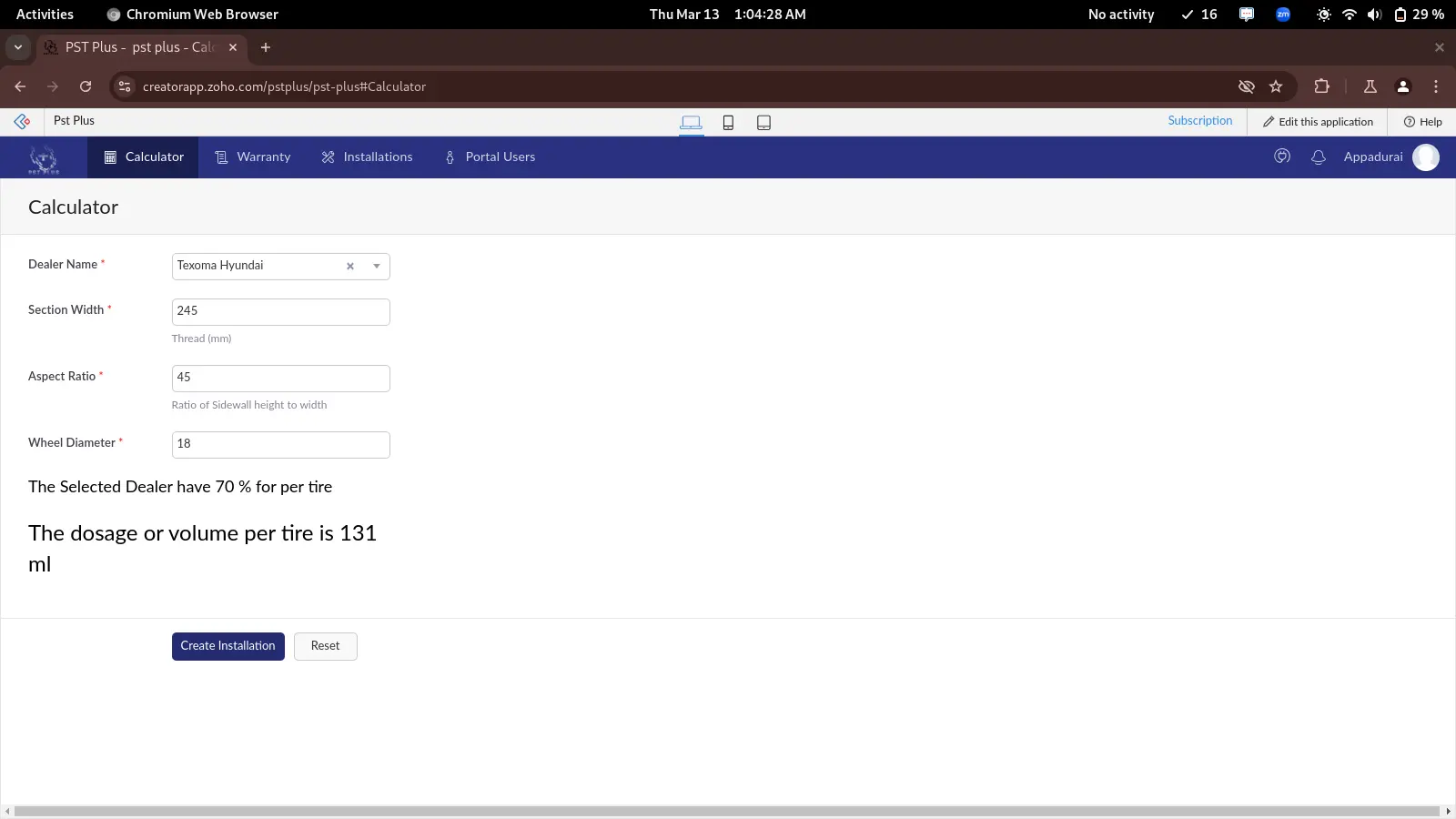 Custom tire sealant volume calculator app built using zoho creator
