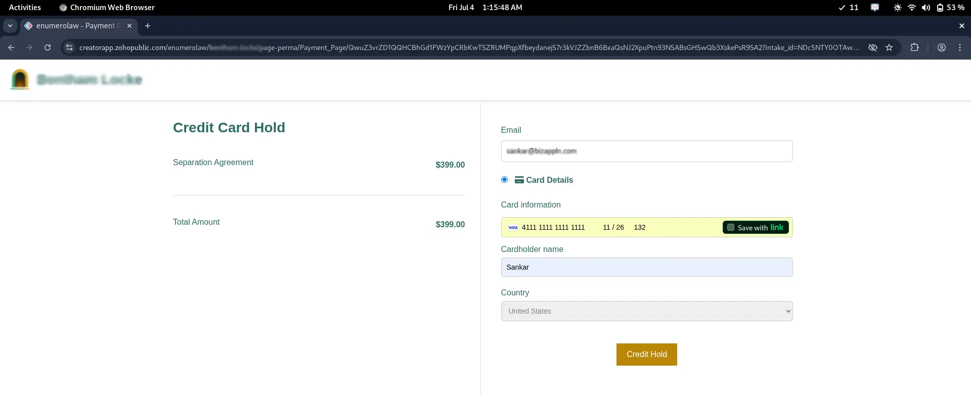 Custom widget created-in Zoho Creator app for credit card hold