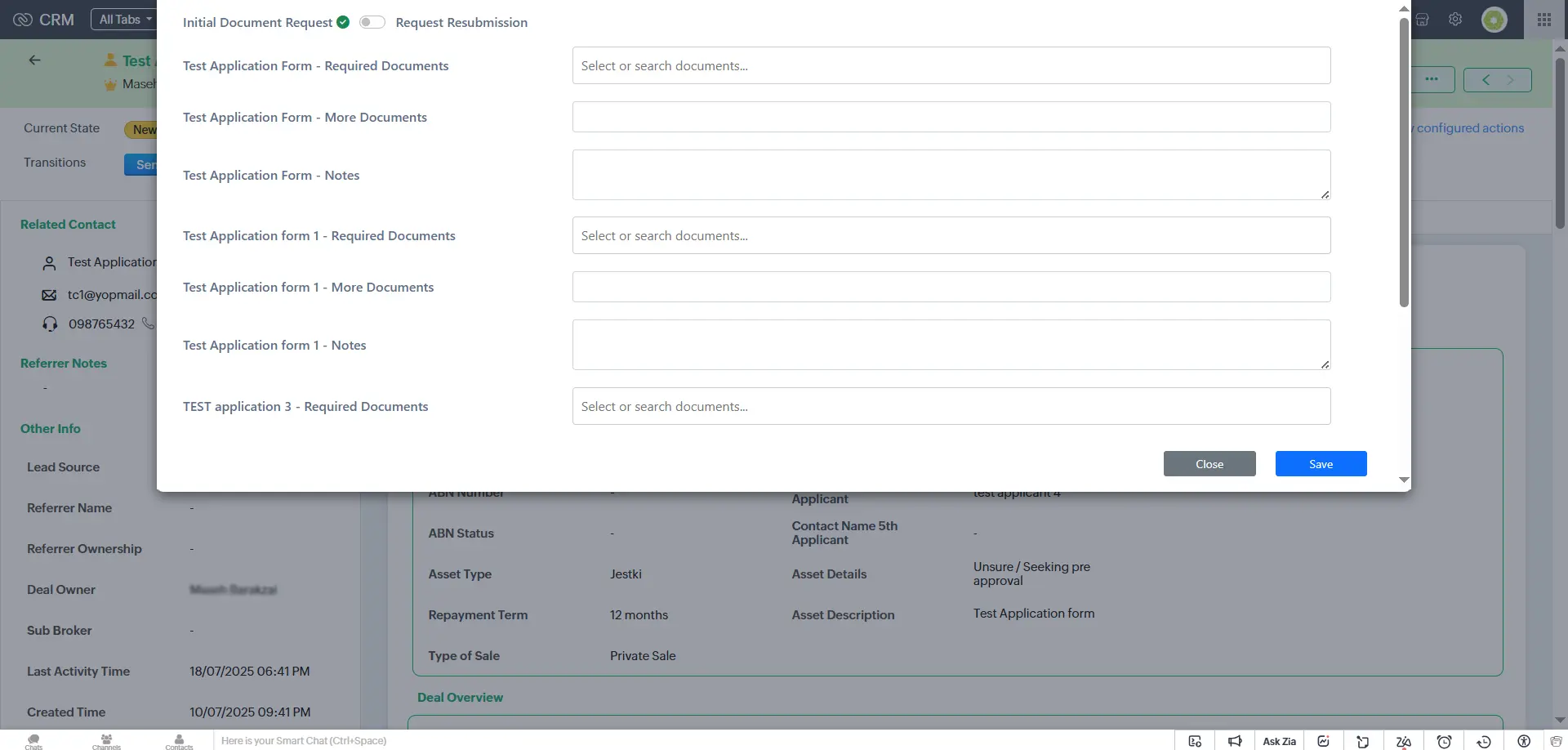 Custom widget developed in Zoho CRM for Deals module to request documents from loan applicants