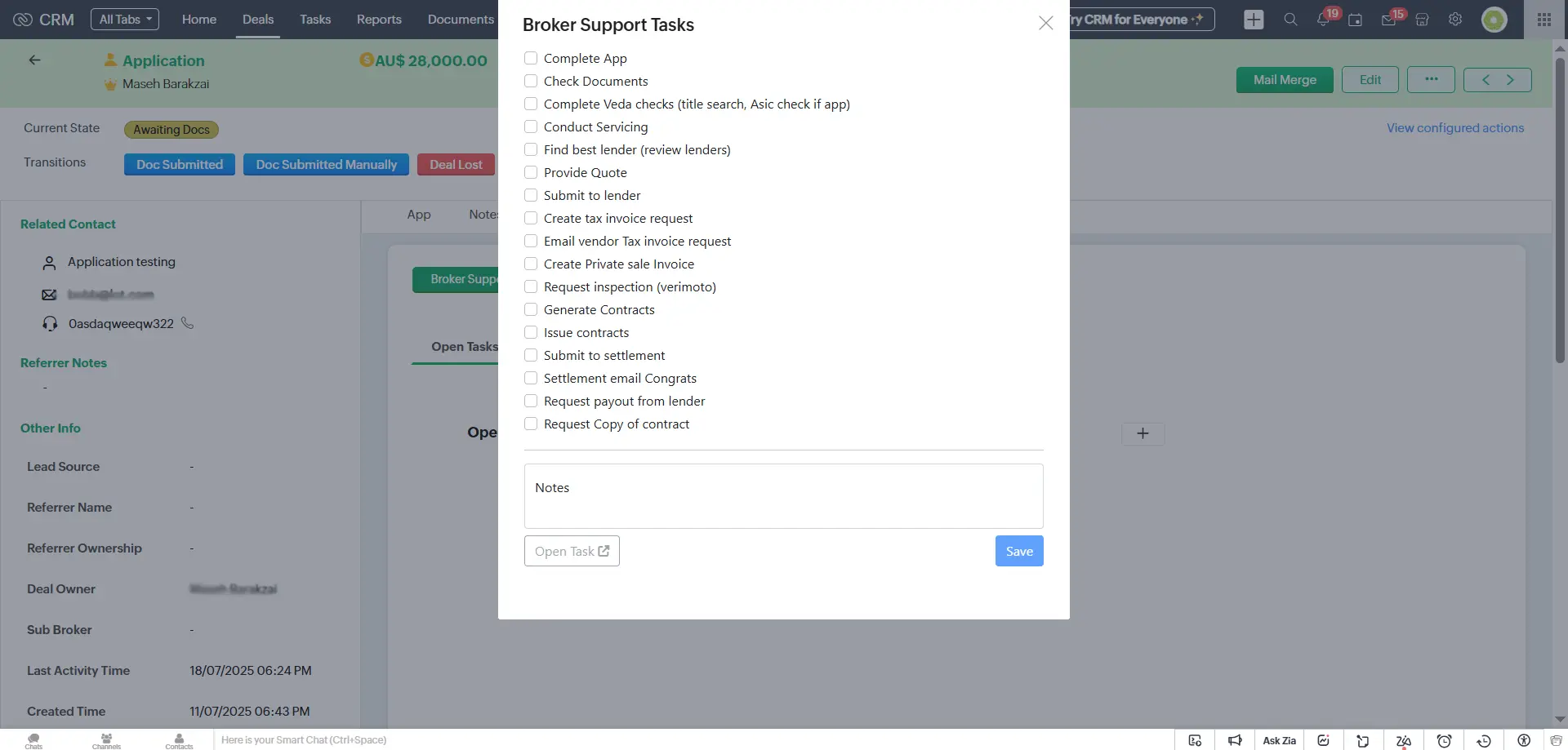 Custom widgets created in Zoho CRM for Document tracking for finance broker