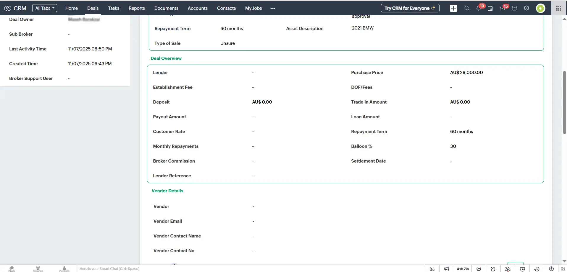 Deals Canvas View for Lender in Zoho CRM