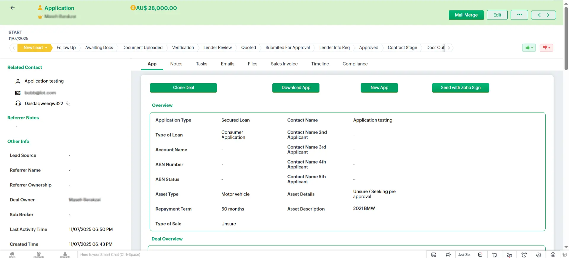 Deals Canvas View in Zoho CRM for Finance brokerage firm
