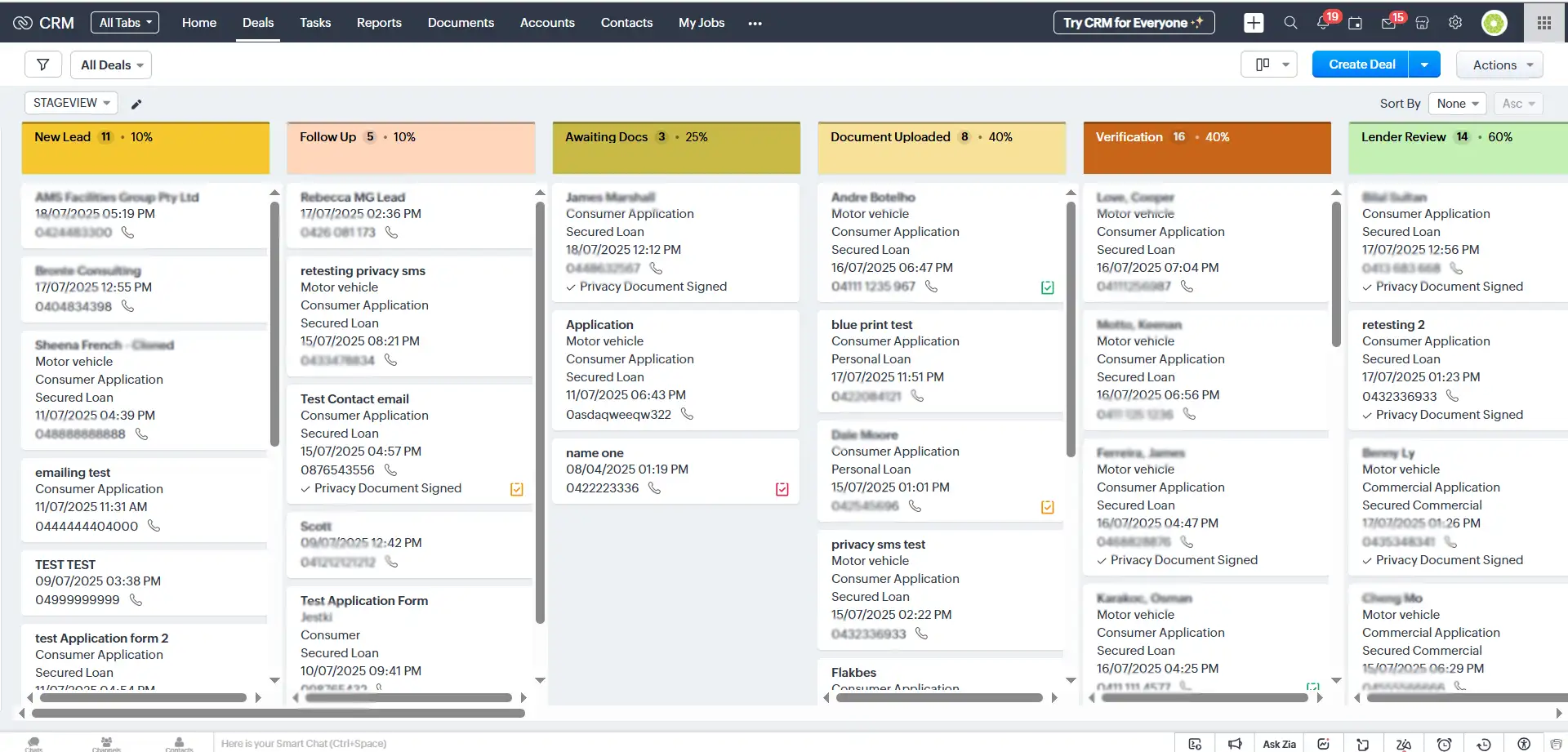 Deals Stagewise Kanban view in Zoho CRM for Finance Broker