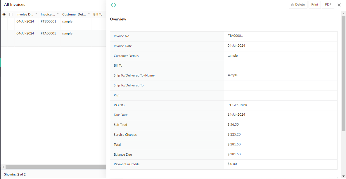 Detailed Invoice report for fuel delivered