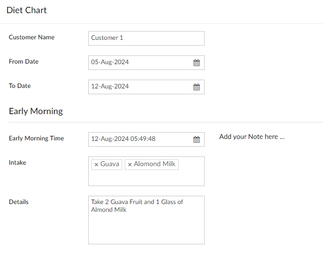 Diet Chart for Customers in Fitness Management App Zoho