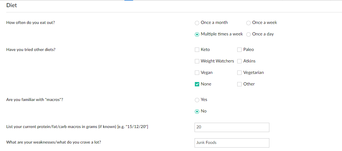 Diet Plans details collected from customer in Fitness management App Zoho