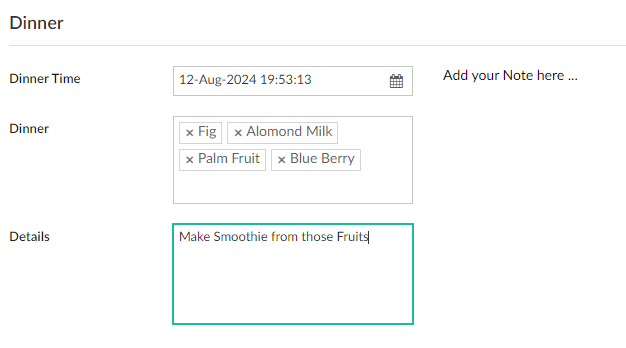 Dinner diet Chart for Customers in Fitness Management App Zoho