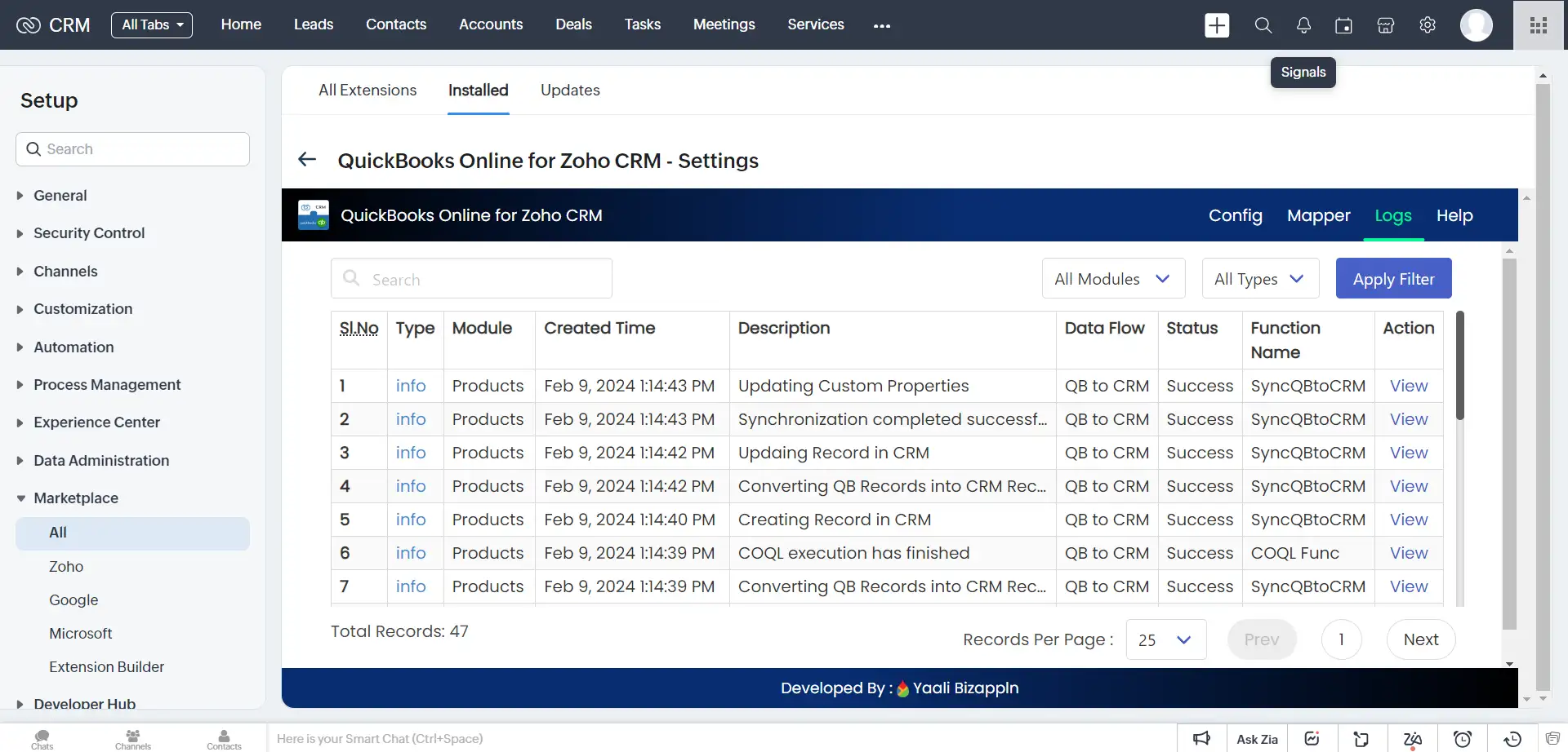 Error logs Module in QuickBooks extension