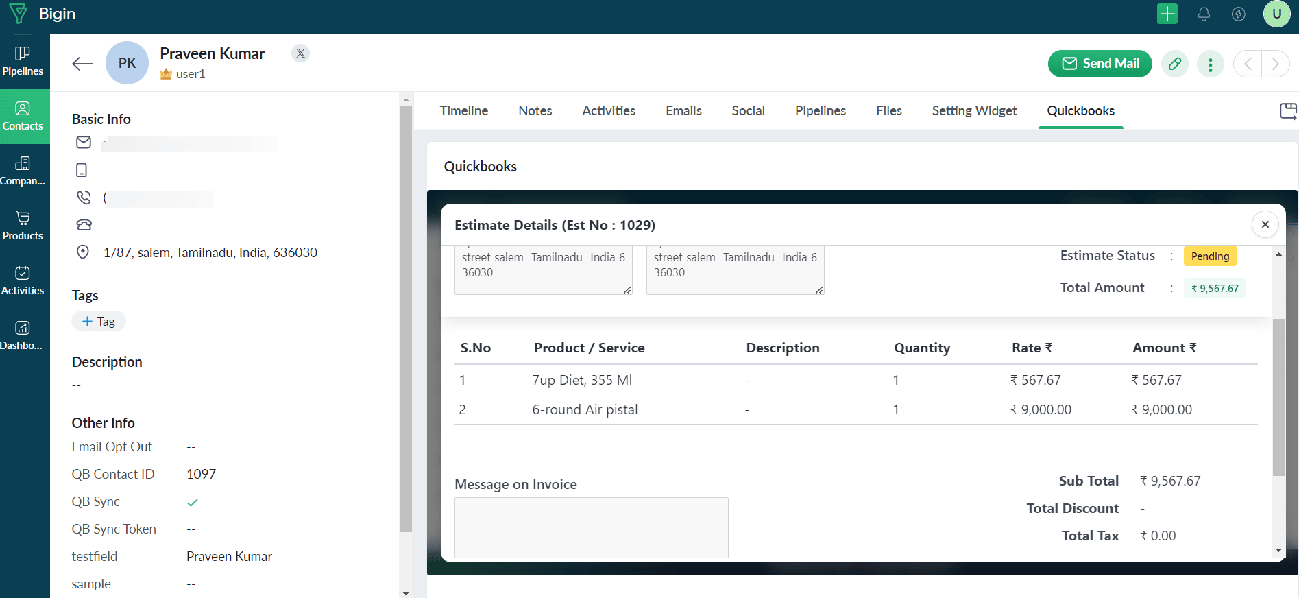 View QuickBooks Estimate Detailed view in Bigin