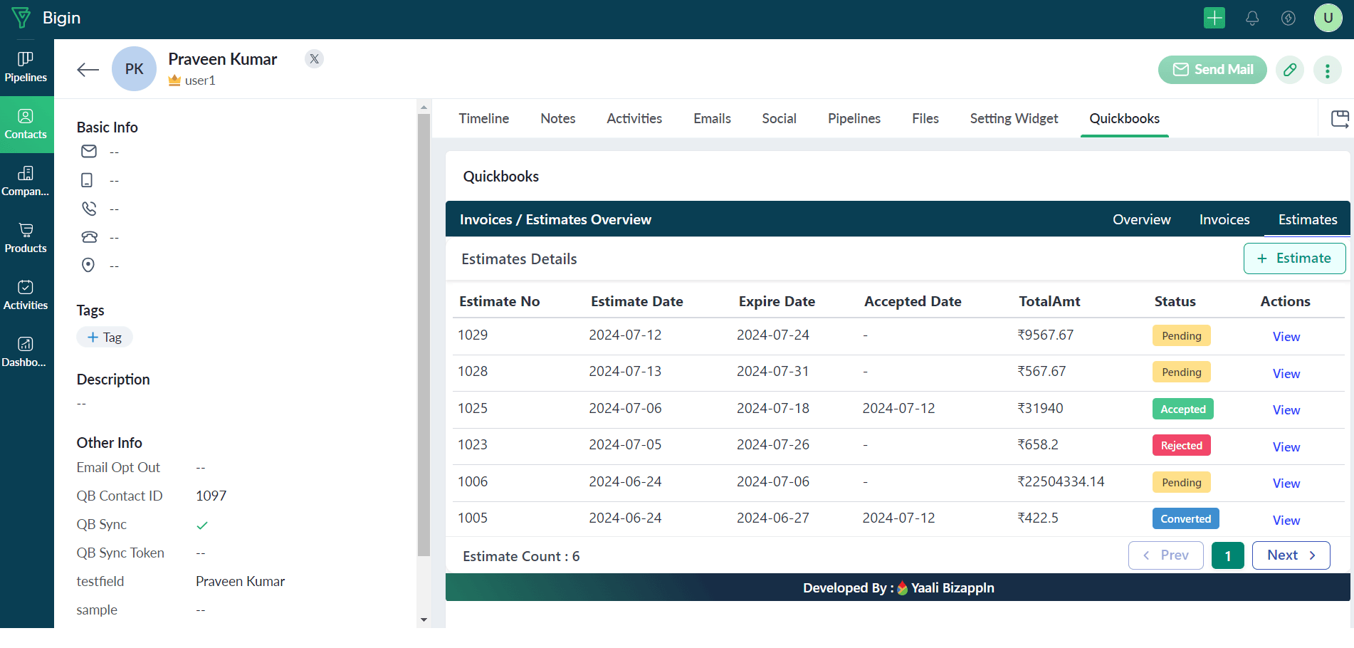 View Estimates from QuickBooks in Bigin