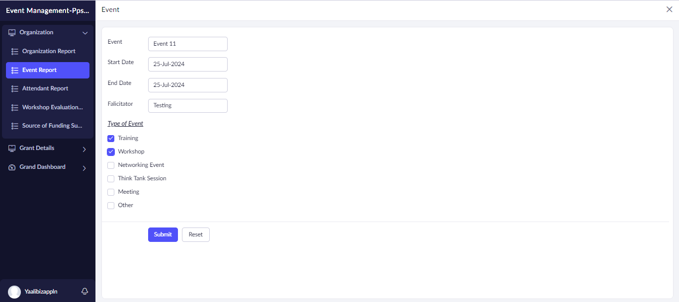 Event details collection form in Non Profit Organization Management App