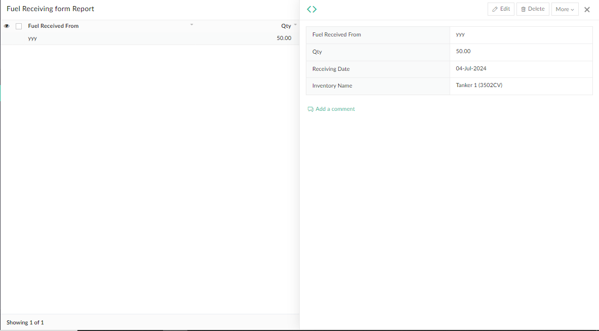 Fuel receiving form report in fuel delivery app