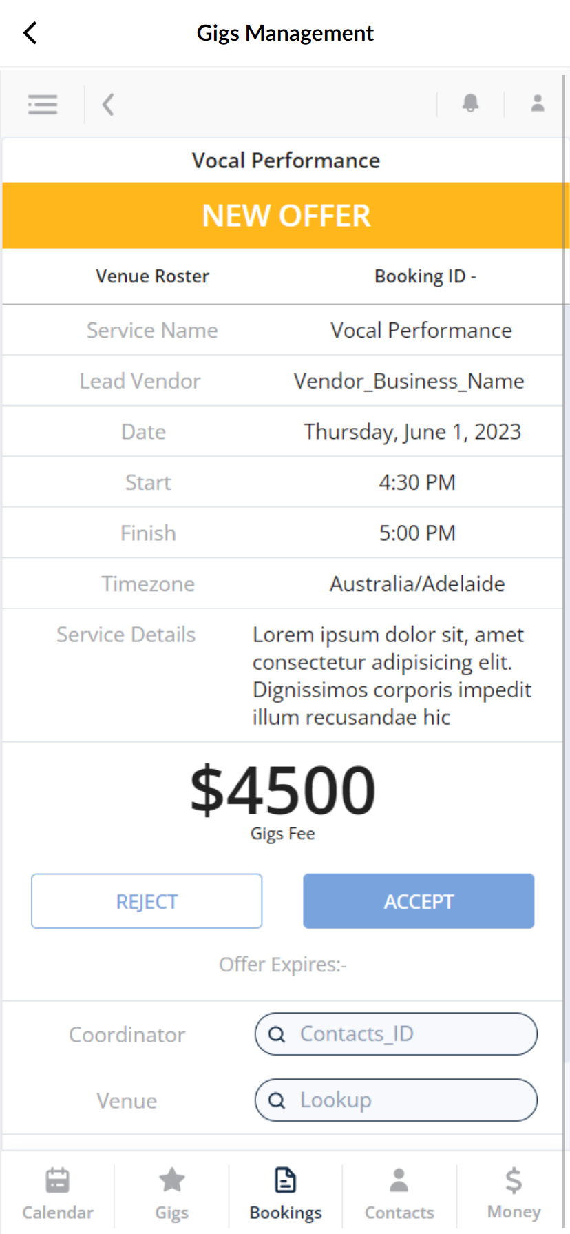 Gig booked details approval and reject status confirmation