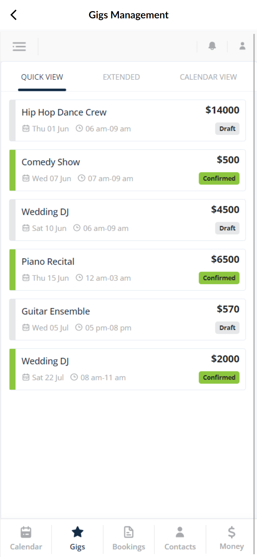 Gig booked details overview in Gig Booking App Zoho Creator