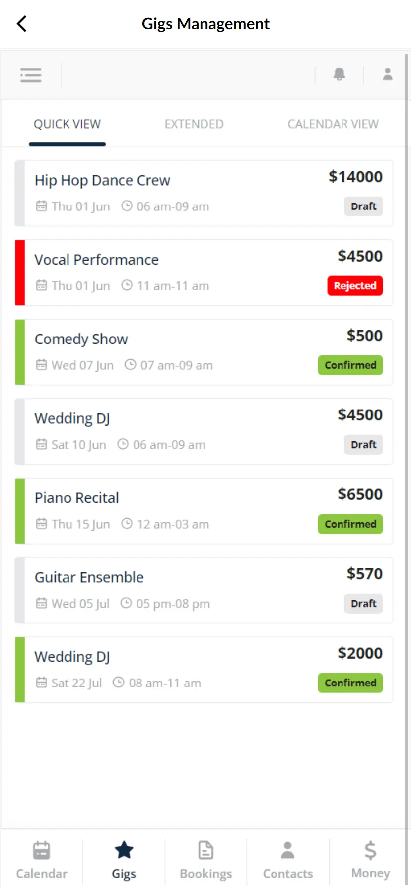 Gigs Booked details quick view