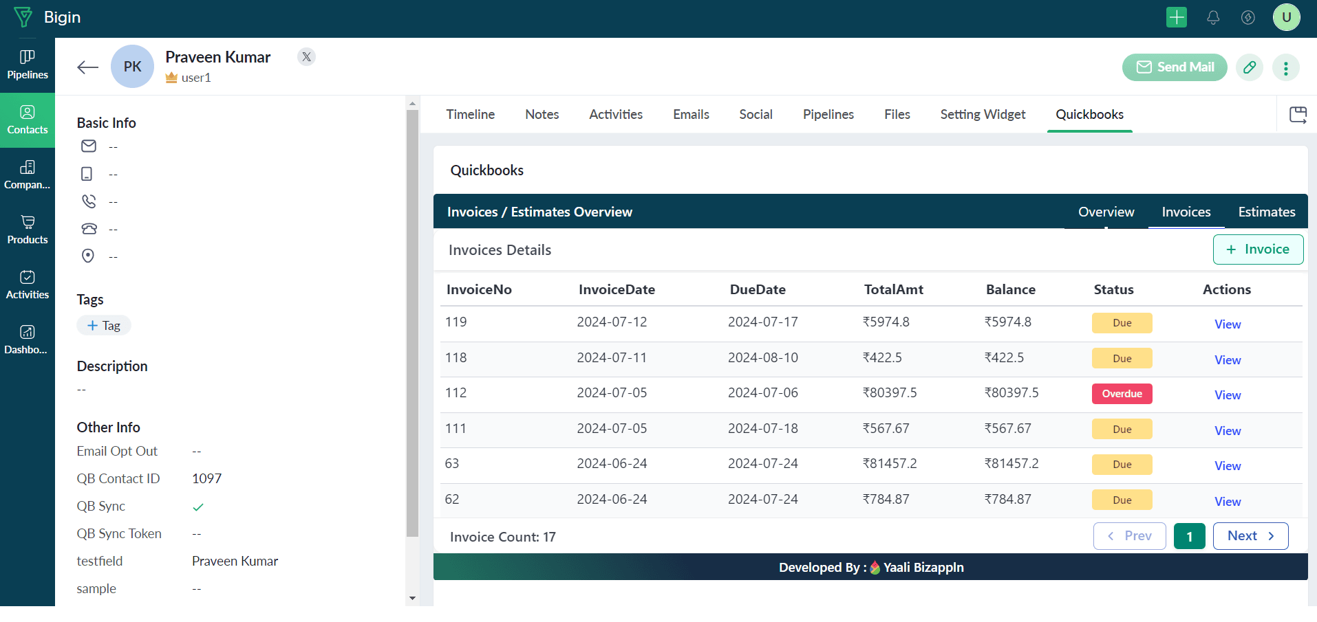 View QuickBooks Invoices in Bigin