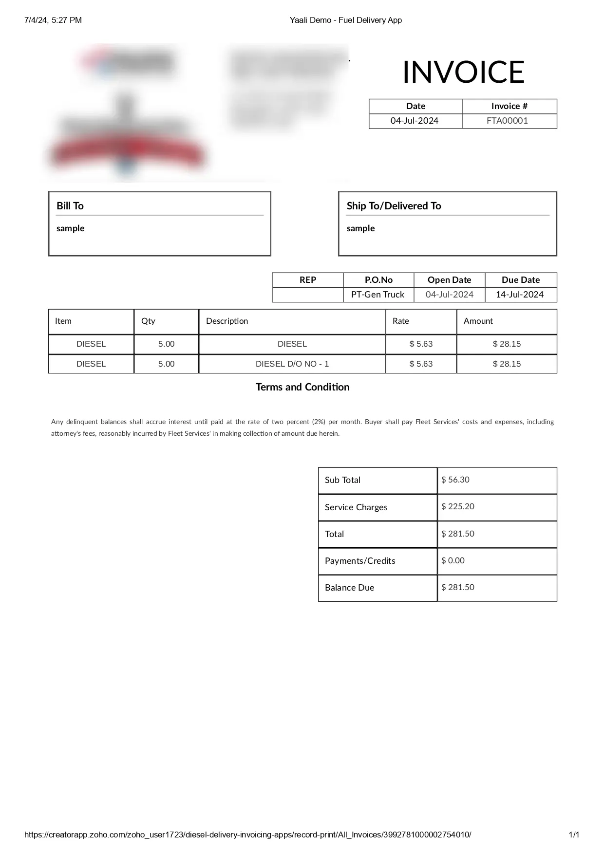 Invoice generated for customers in fuel delivery app