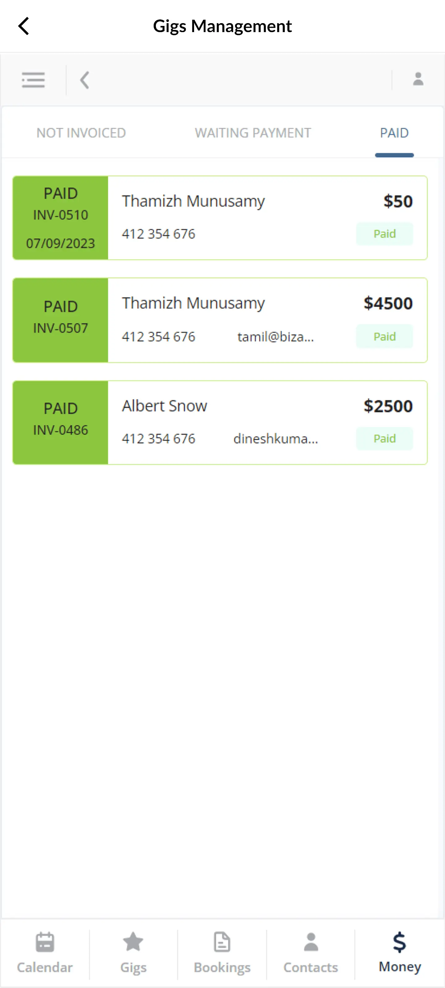 Invoices Paid by Artists displayed in Gig booking app