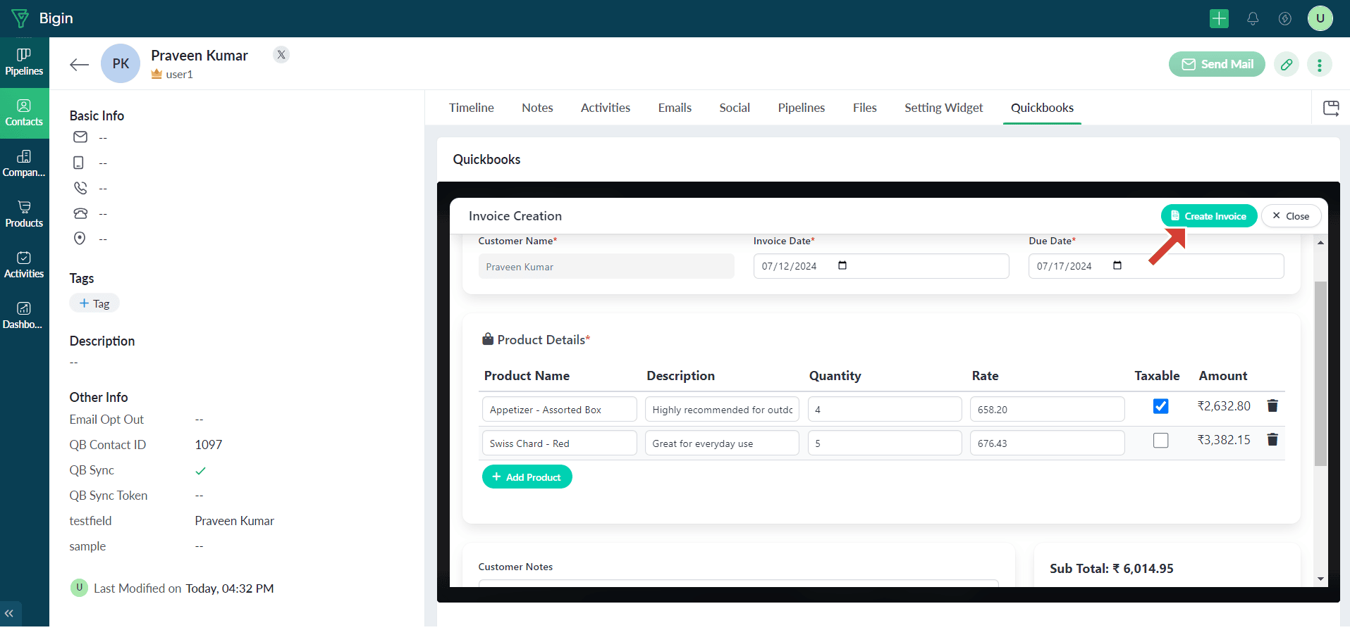 Create QuickBooks Invoive from Contact records in Bigin 