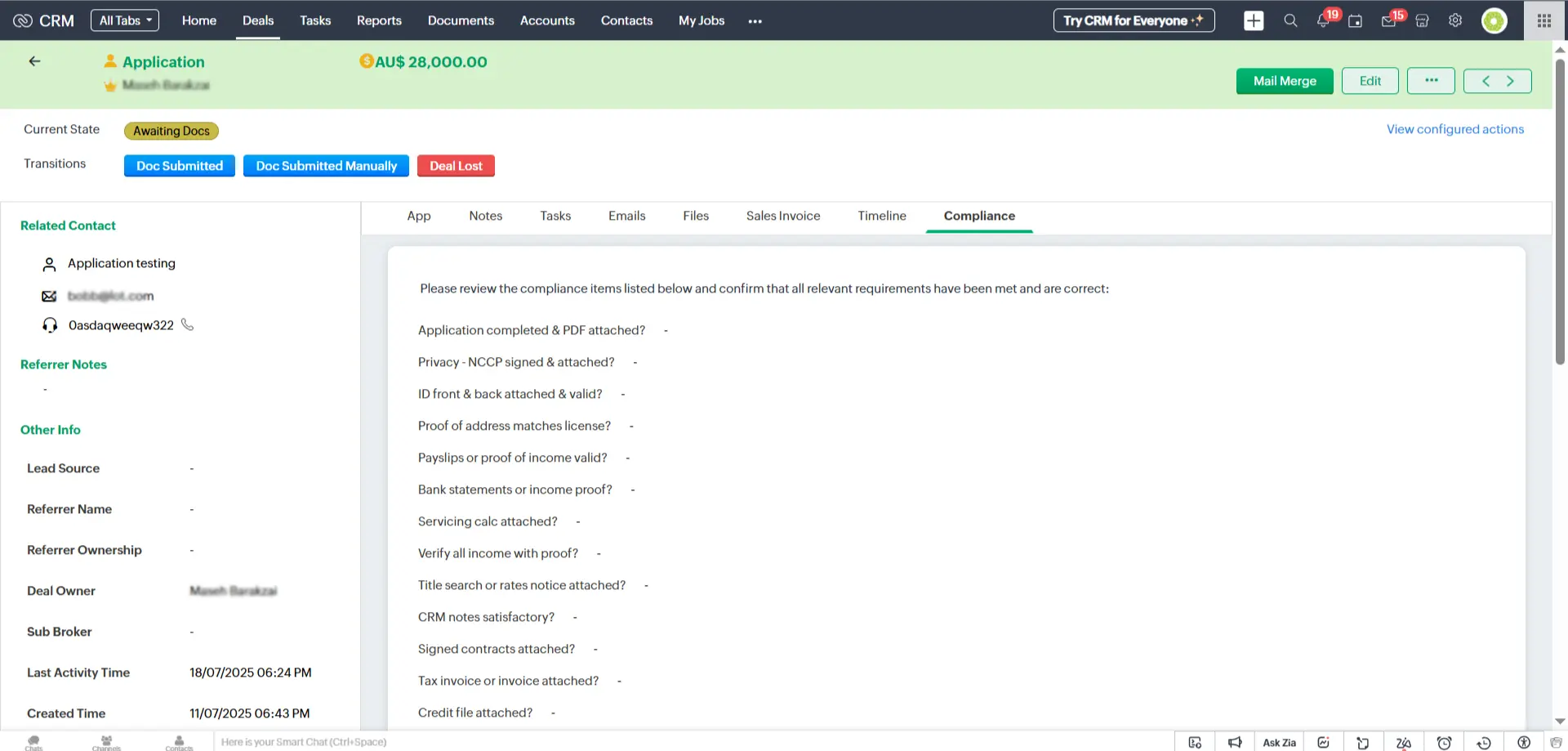 Loan Applicants Compliance Checklist in Zoho CRM Deals Module