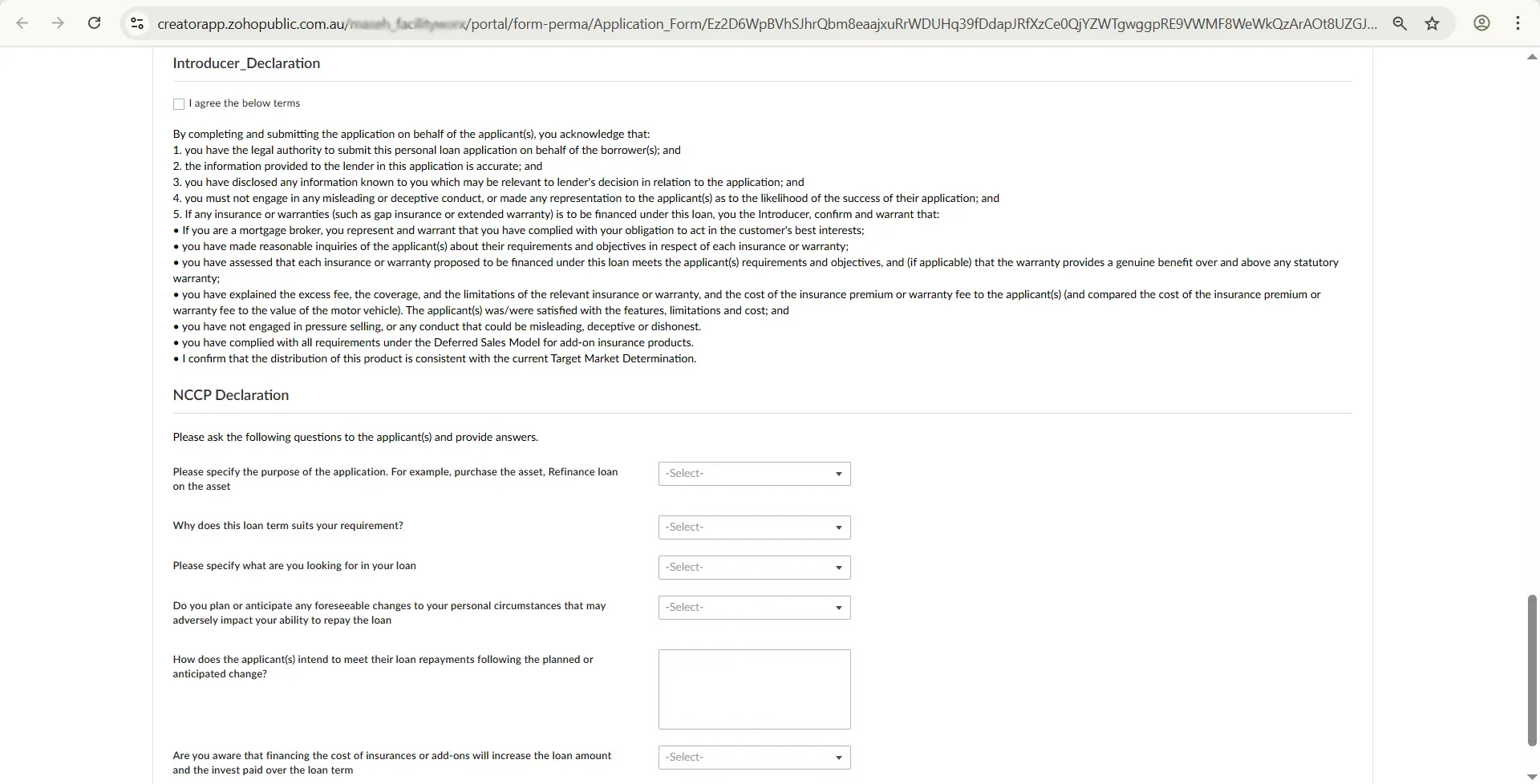 Loan Application Form Declaration for Applicant in Zoho Creator App