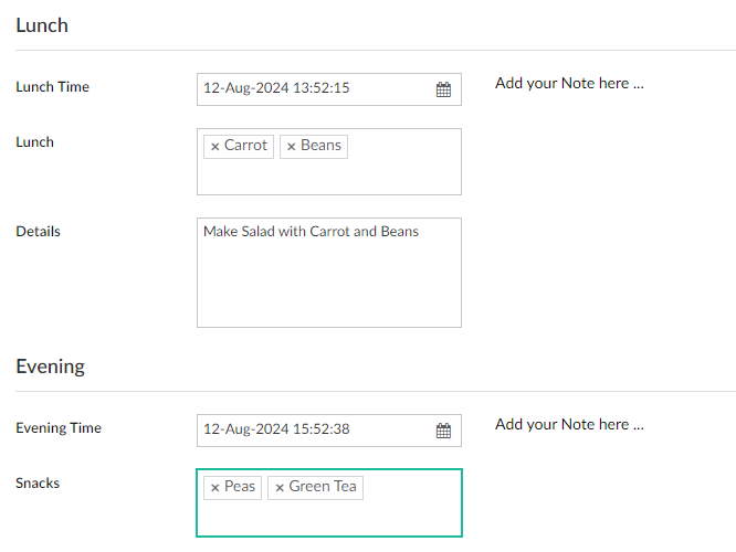 Lunch Diet Chart for Customers in Fitness management App Zoho