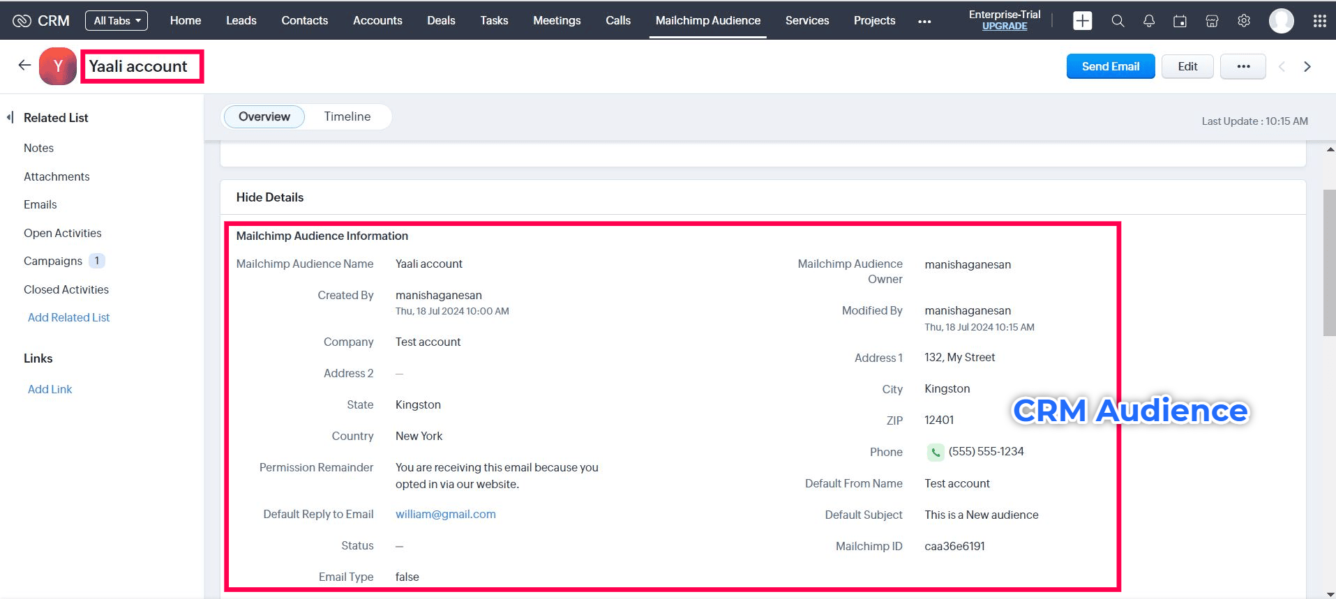 Mailchimp Audience data synced with Zoho CRM Audience Module