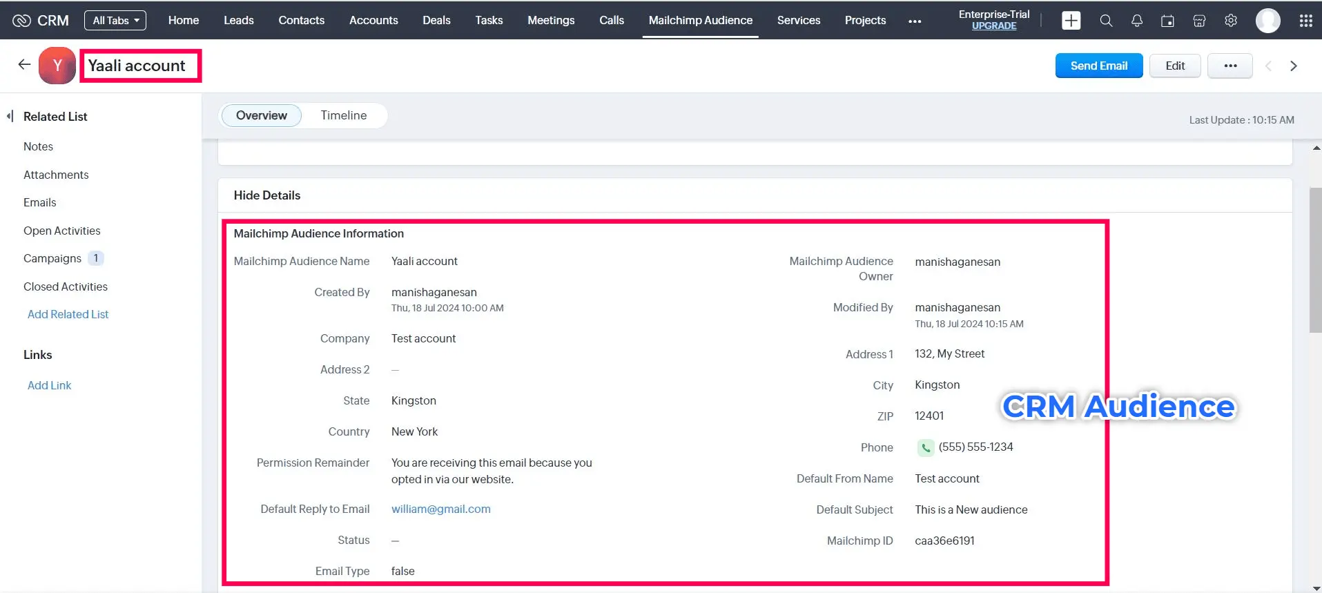 Mailchimp Audience data synced with Zoho CRM Audience Module