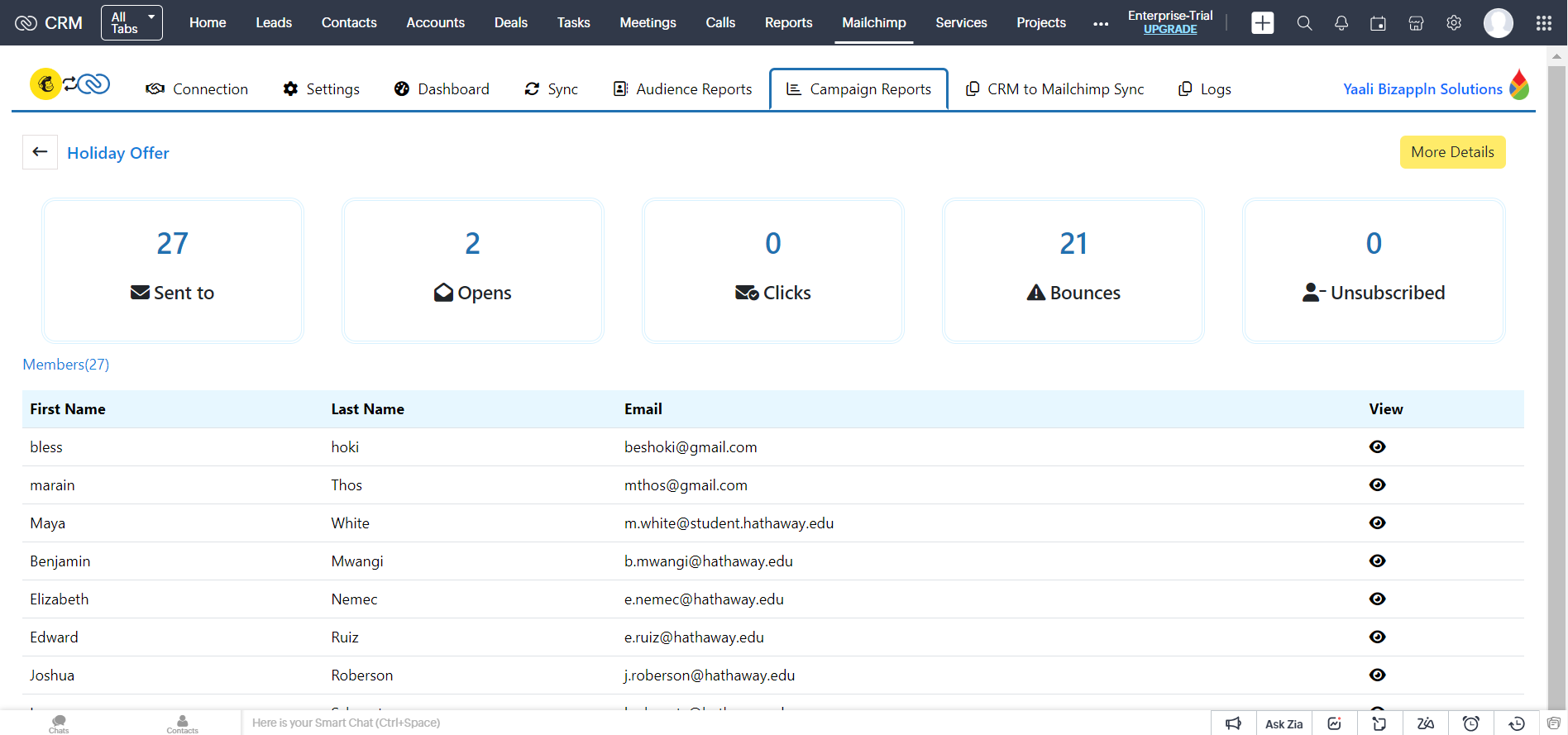 Mailchimp Email Campaign Reports viewed in Zoho CRM