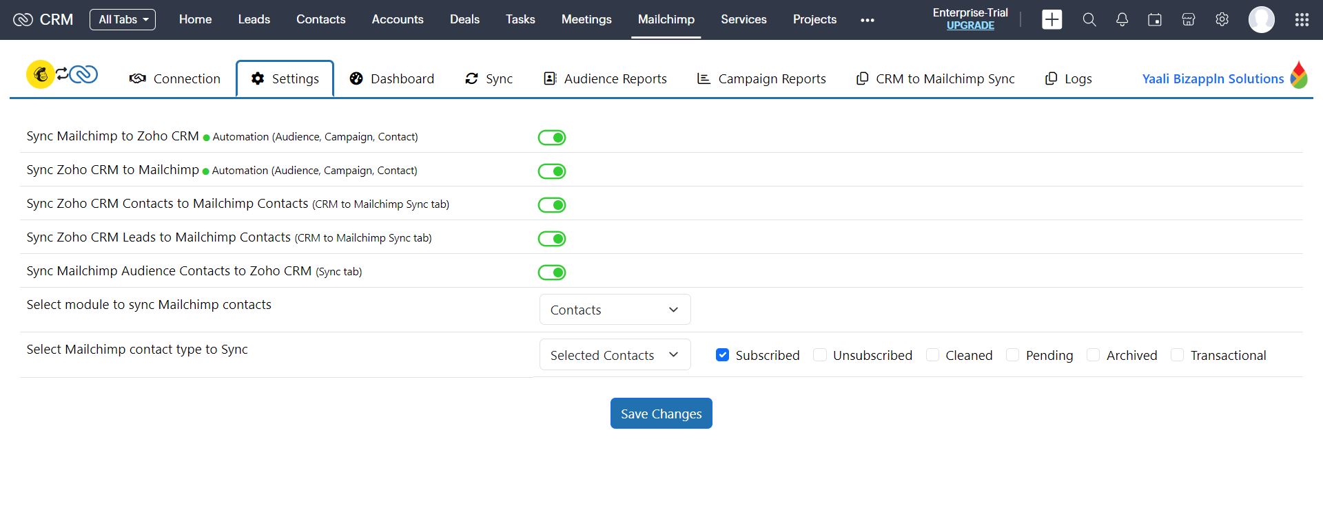 Mailchimp and Zoho CRM Data sync settings