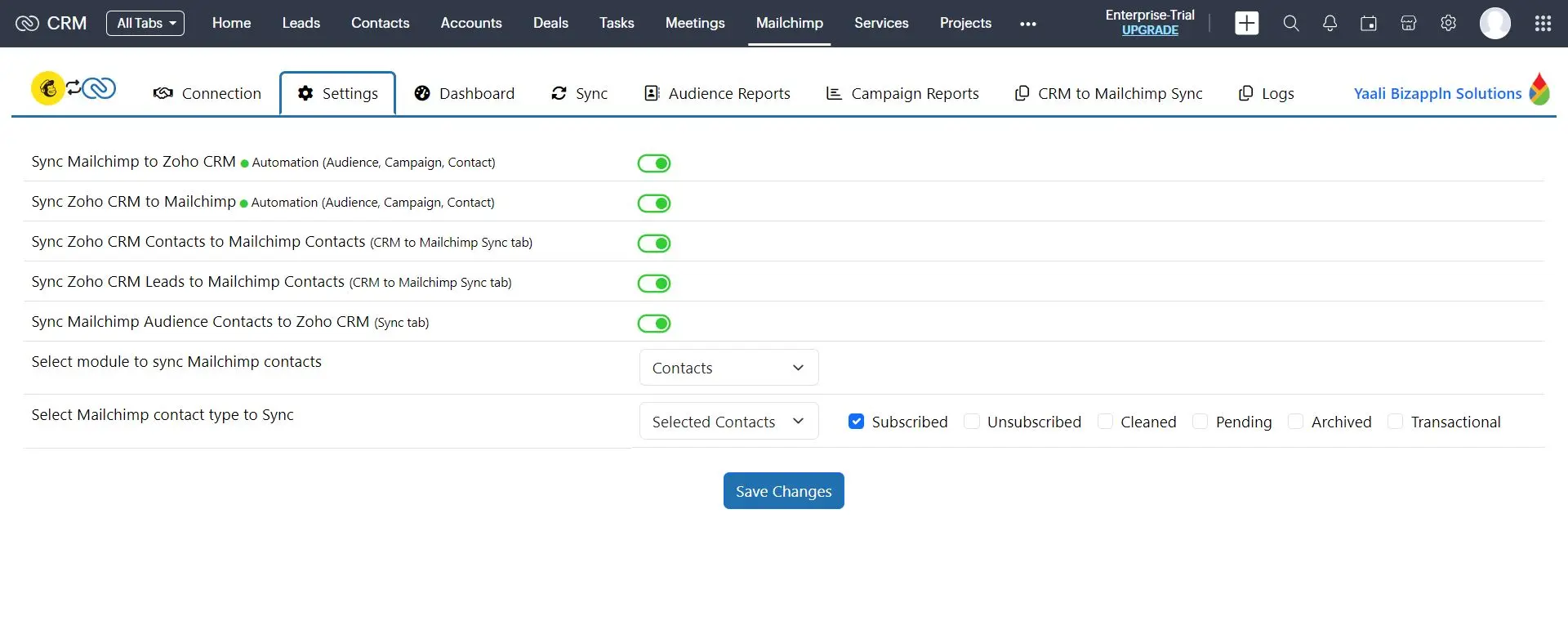 Mailchimp and Zoho CRM Data sync settings