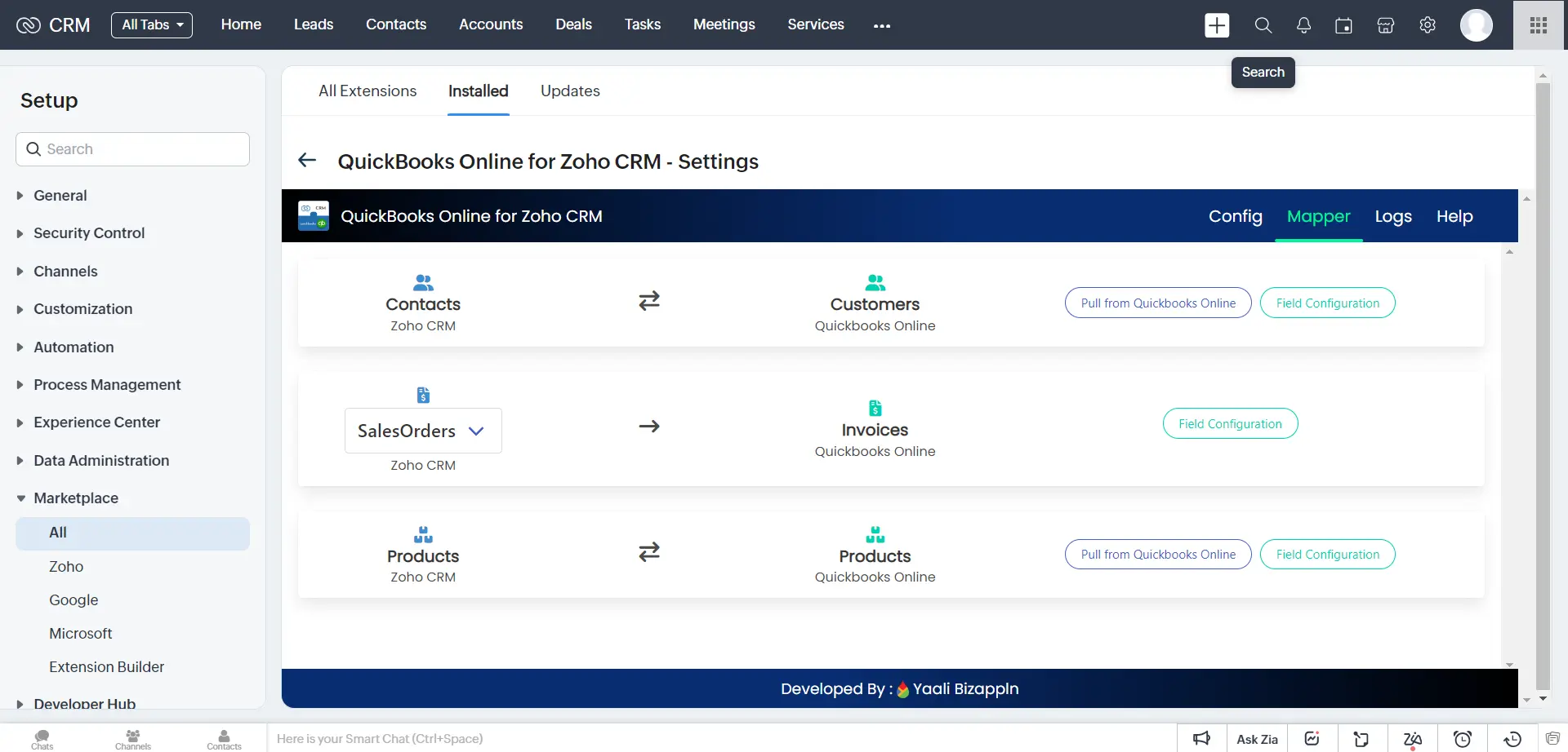 Zoho CRM and QuickBooks field mapping configuration