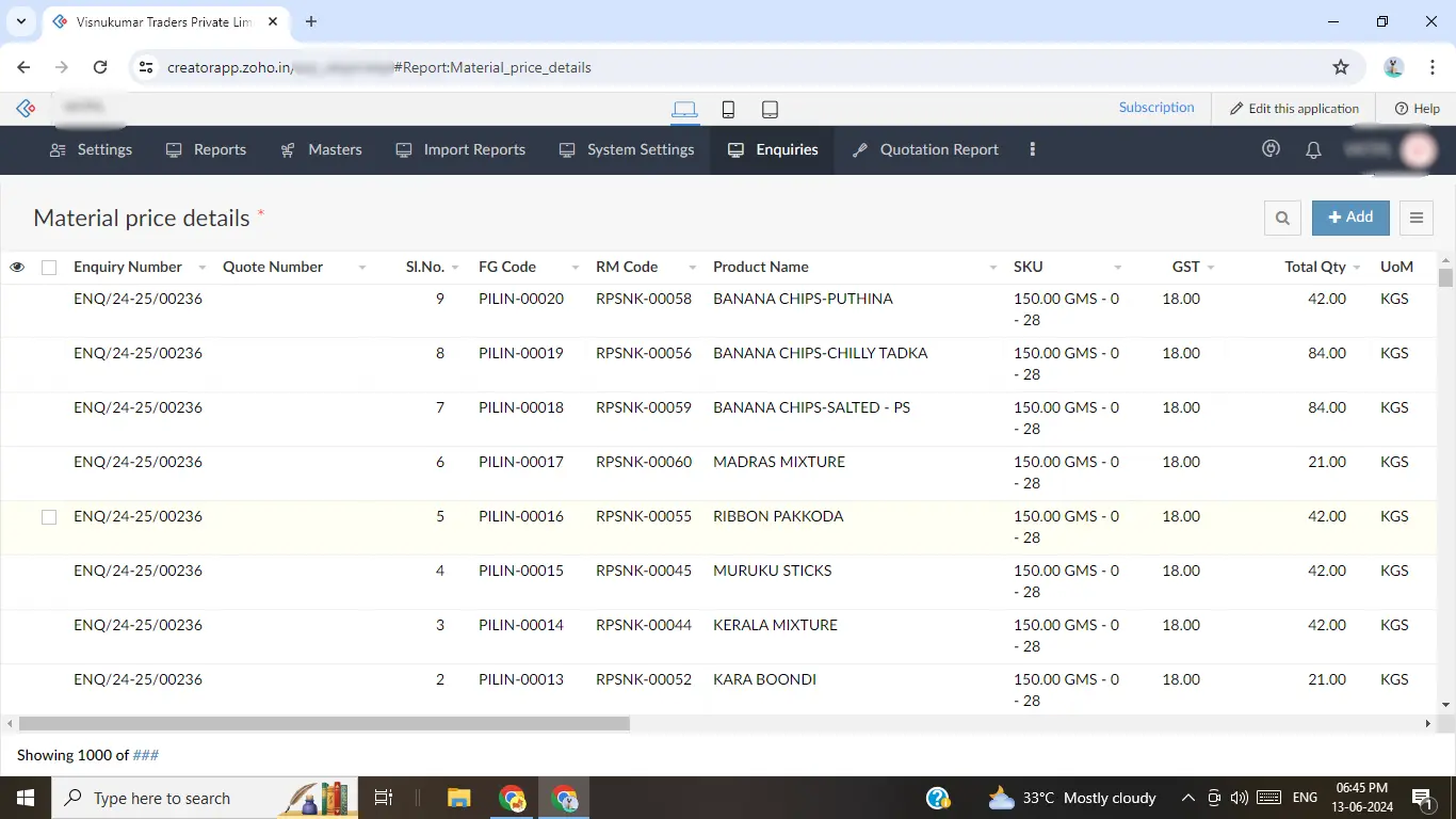 Material Price Details management in Zoho Creator 