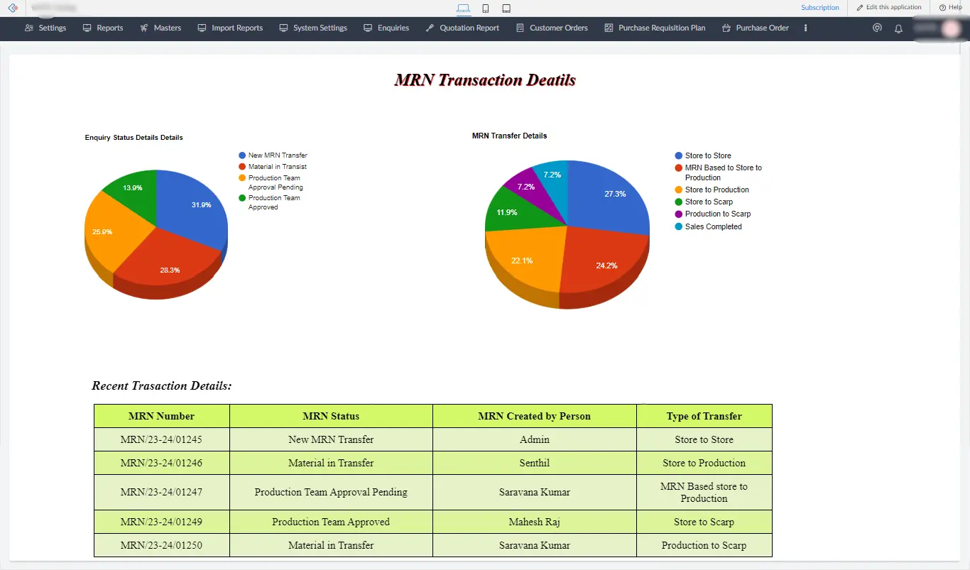 Material Receipt Note Transaction details dashboard 