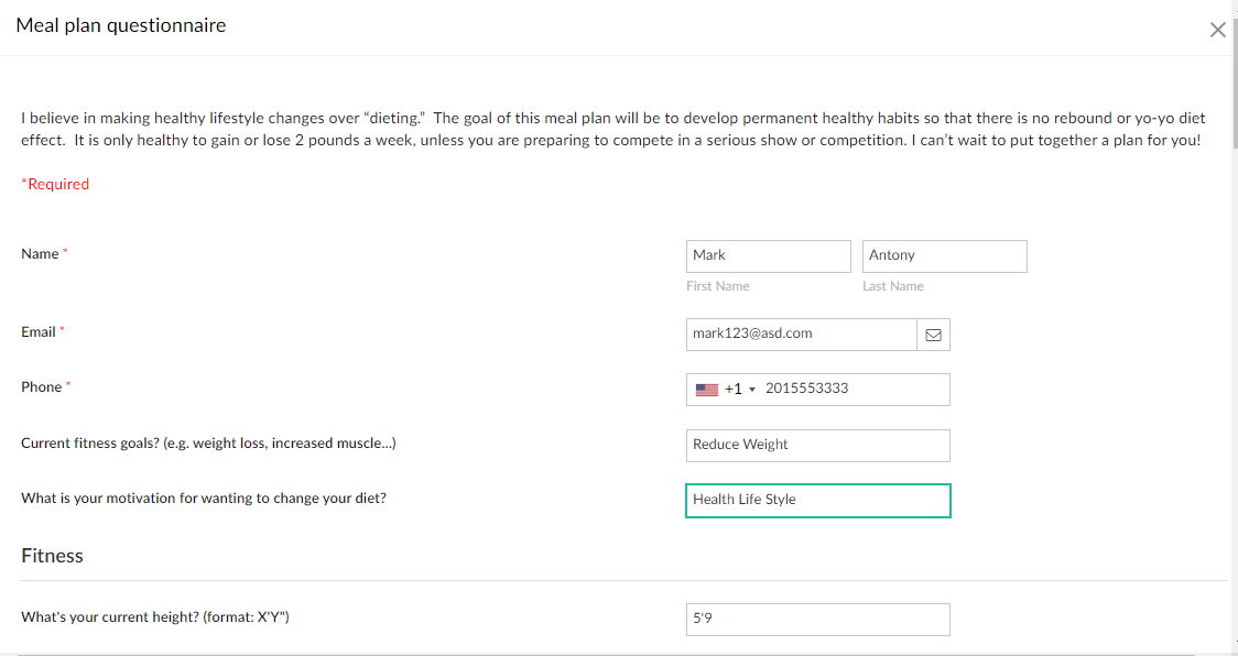 Meal Plan questionnaire in Fitness Management App Zoho