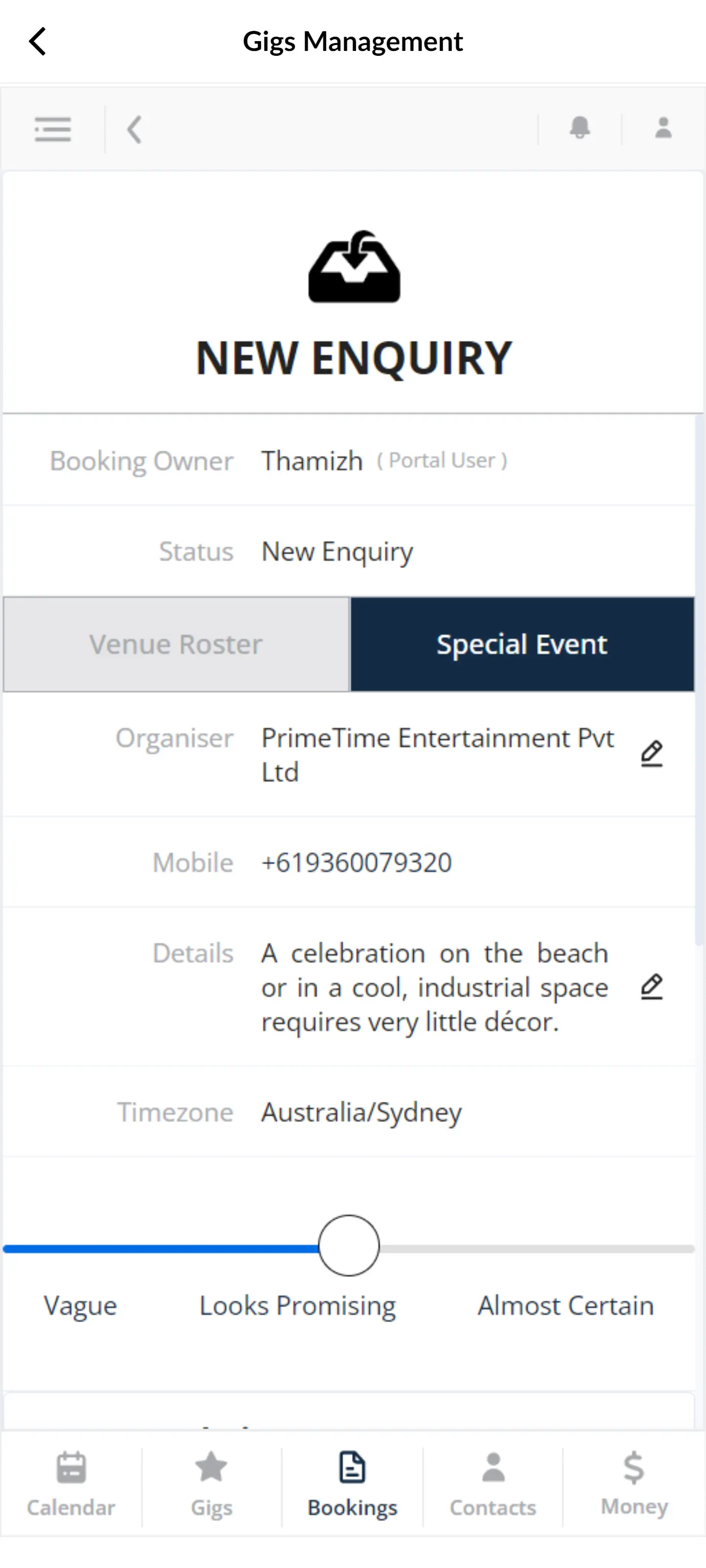 New enquiry details for Gig Booking